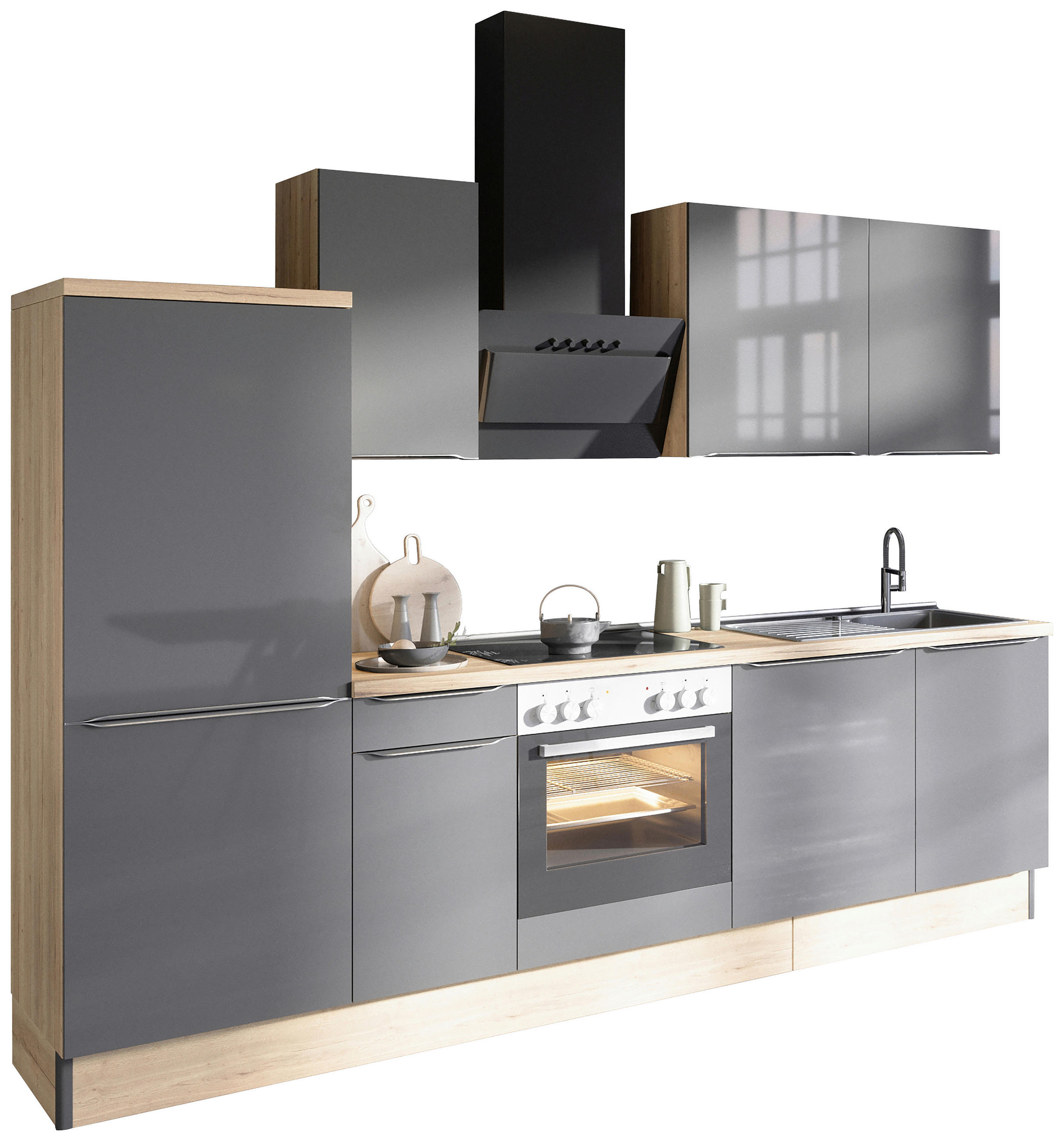 KÜCHENLEERBLOCK 270 cm in Anthrazit, Eichefarben - Edelstahlfarben/Eichefarben, Basics, Holzwerkstoff/Metall (270cm) - Optifit