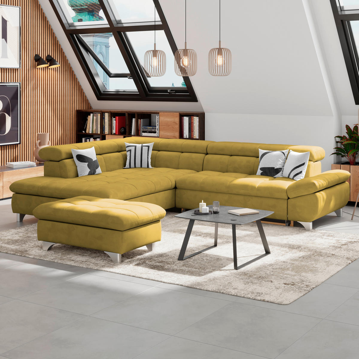 ECKSOFA Senfgelb Chenille  - Chromfarben/Senfgelb, KONVENTIONELL, Textil/Metall (234/312cm) - Livetastic