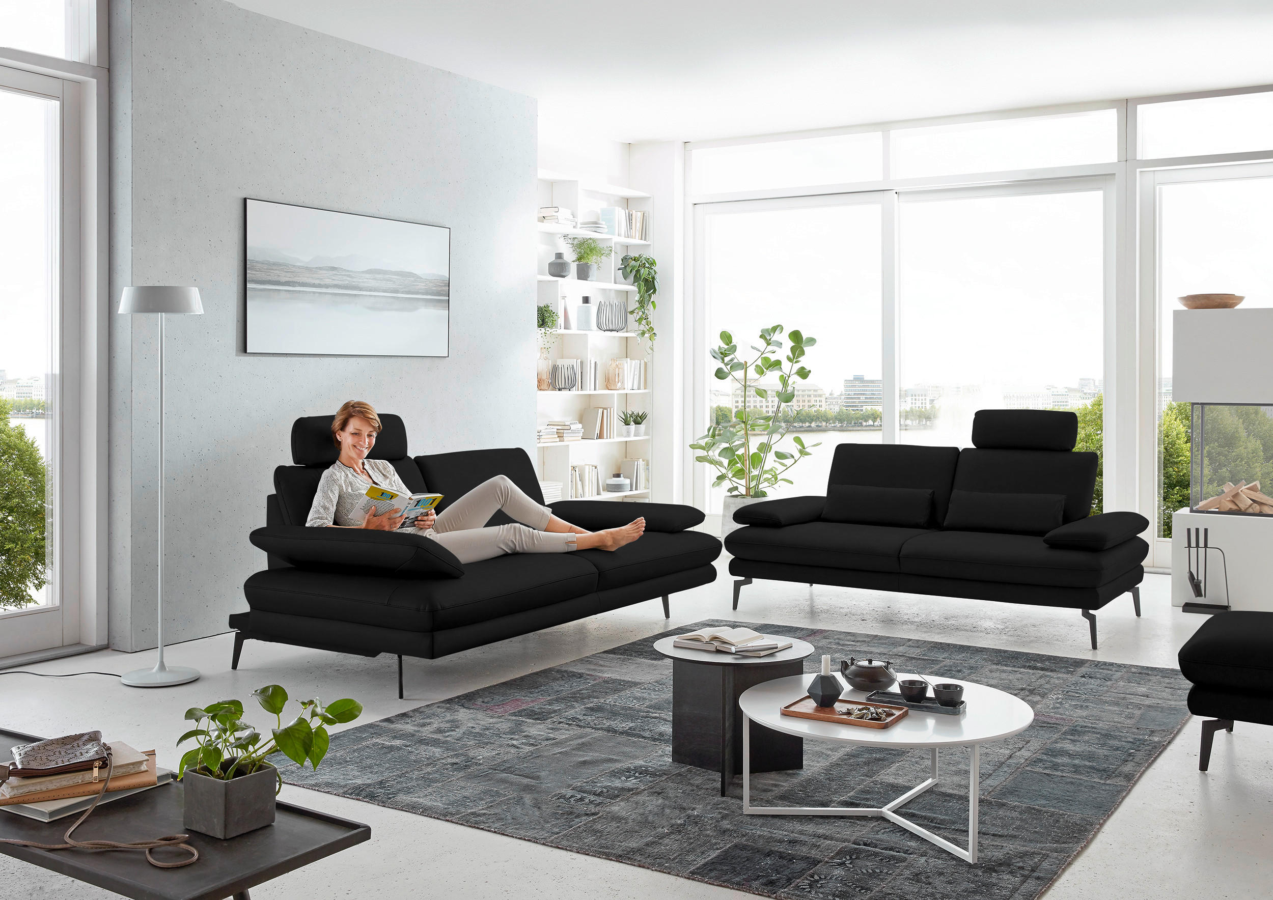 2,5-SITZER in Echtleder Schwarz  - Schwarz, Design, Leder/Metall (196/86/104cm) - Dieter Knoll