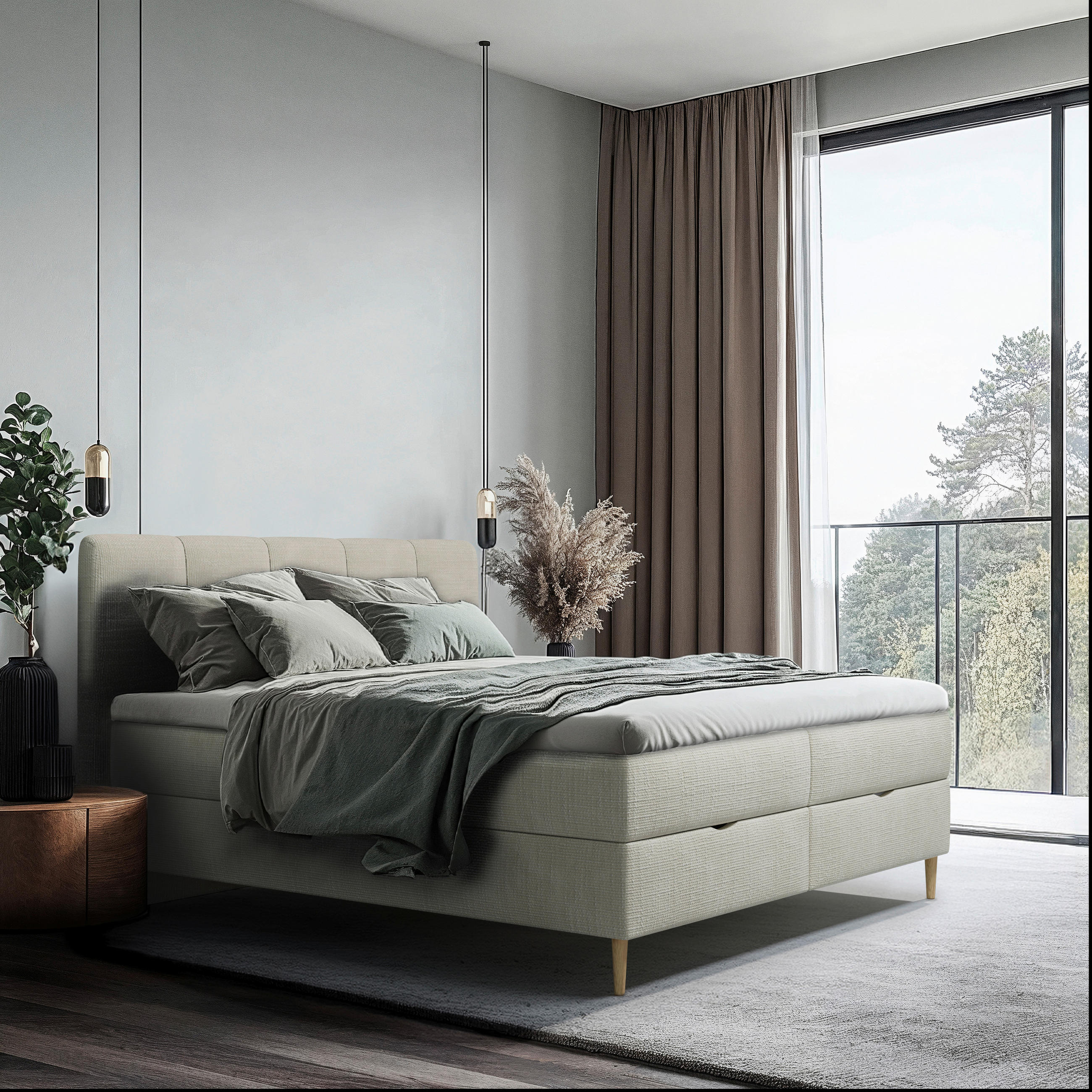 BOXBETT 180/200 cm,  in Beige, gepolstertes Kopfteil, Bettkasten, Topper, H3 = fest  - Beige/Buchefarben, MODERN, Holz/Holzwerkstoff (180/200cm) - MID.YOU