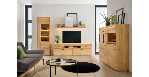 WOHNWAND  in Eichefarben  267/201,9/49,8 cm  - Eichefarben/Schwarz, Natur, Glas/Holz (267/201,9/49,8cm) - Linea Natura