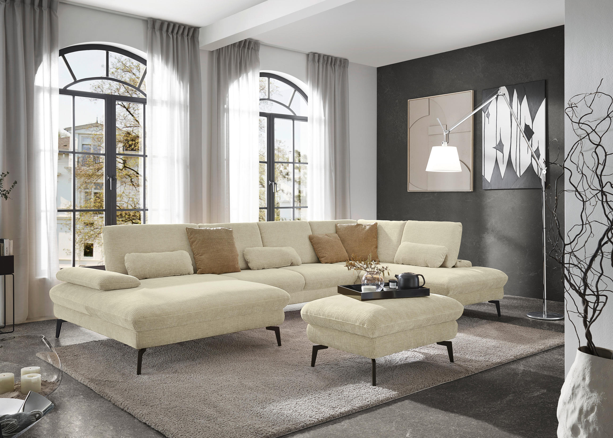 WOHNLANDSCHAFT in Webstoff Creme  - Creme/Schwarz, Design, Textil/Metall (157/354/208cm) - Dieter Knoll