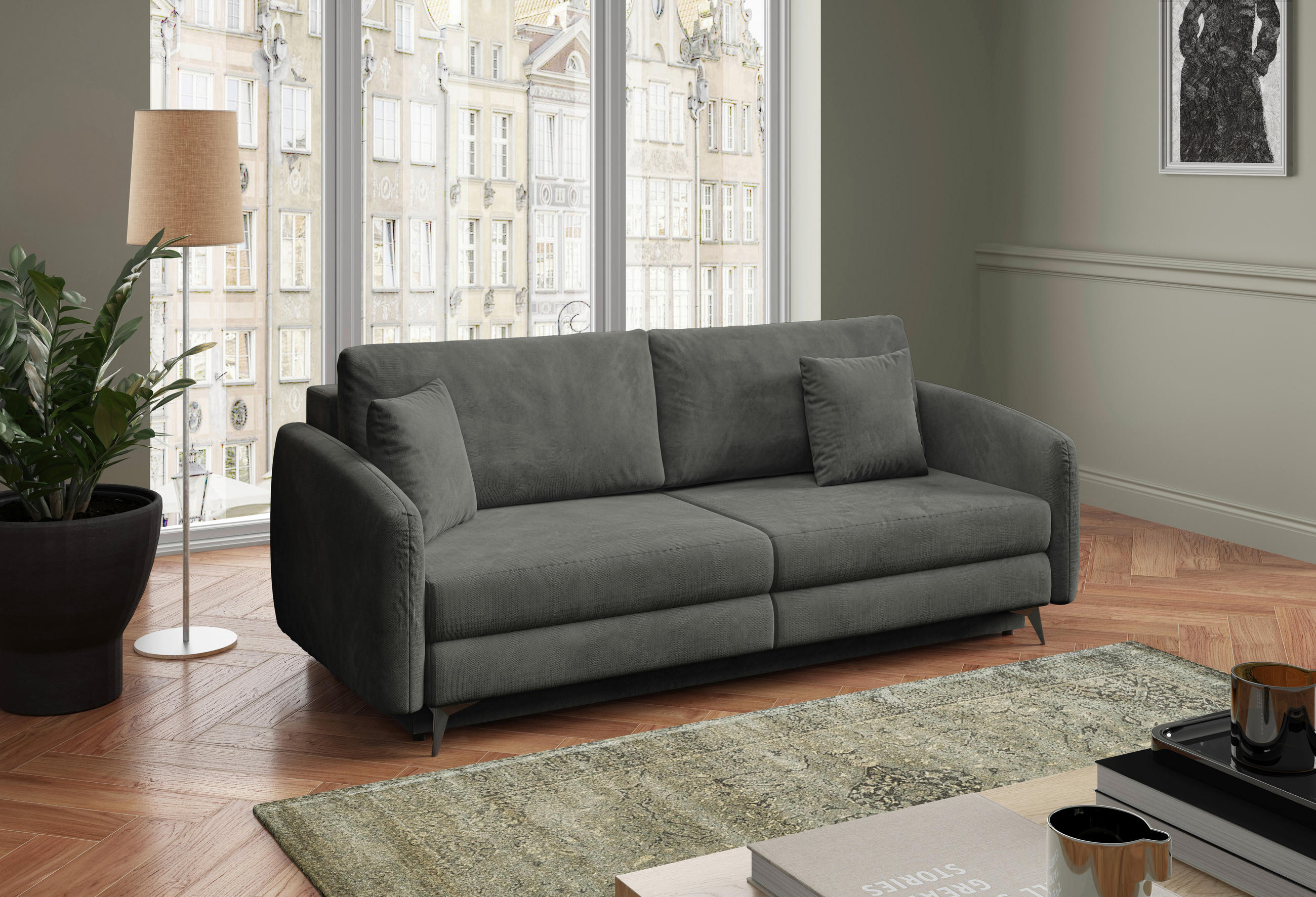 SCHLAFSOFA INGRID  mit Plüsch Grau  - Creme/Schwarz, Design, Textil/Metall (230/100/103cm) - Livetastic