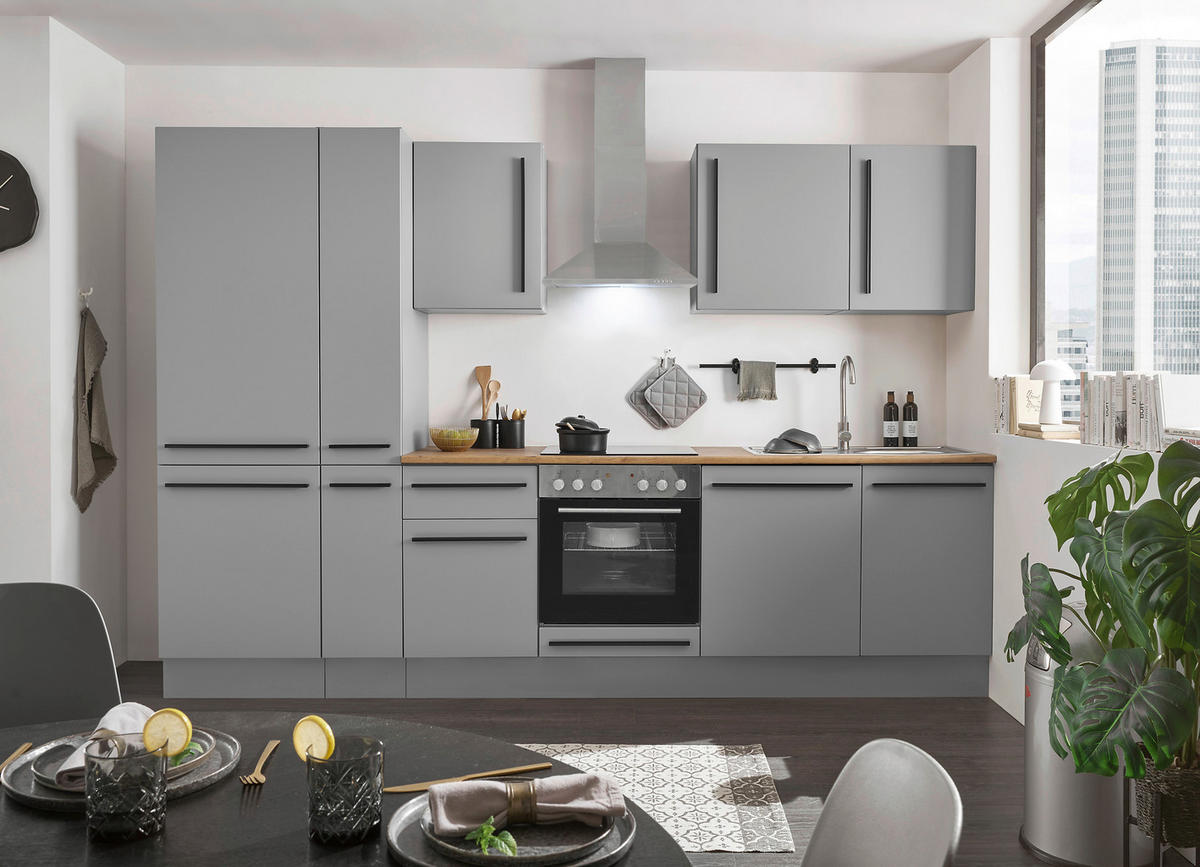 KÜCHENBLOCK 310 cm   in Grau, Eichefarben  - Eichefarben/Schwarz, Design, Holzwerkstoff/Kunststoff (310cm) - MID.YOU