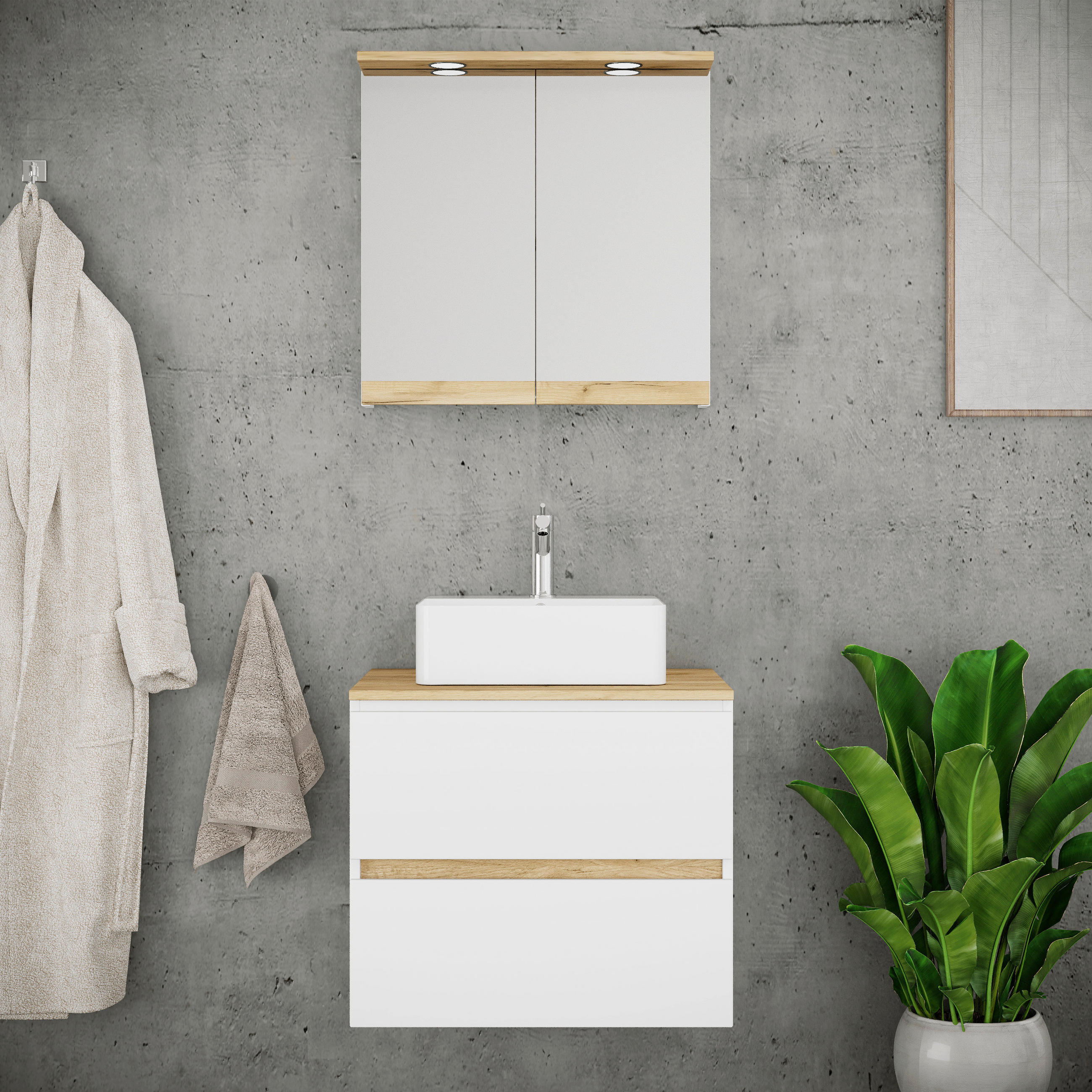 BADEZIMMER 3-teilig  in 60 cm  - Honigeiche/Weiß, Trend, Keramik/Holzwerkstoff (60cm) - MID.YOU