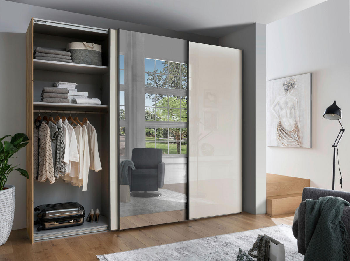 SCHWEBETÜRENSCHRANK in Champagner, Eiche Bianco  - Schieferfarben/Eiche Bianco, Konventionell, Glas/Holzwerkstoff (300/217/67cm) - Dieter Knoll
