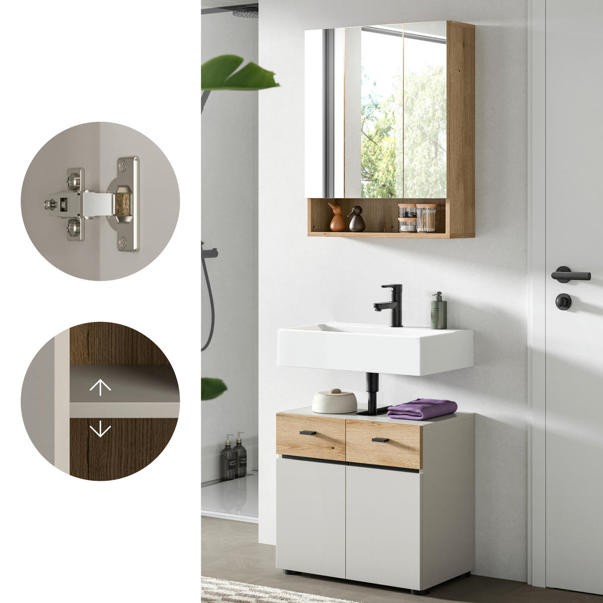 BADEZIMMER 2-teilig  in 60 cm  - Kaschmir/Eichefarben, Trend, Glas/Holzwerkstoff (60cm) - MID.YOU