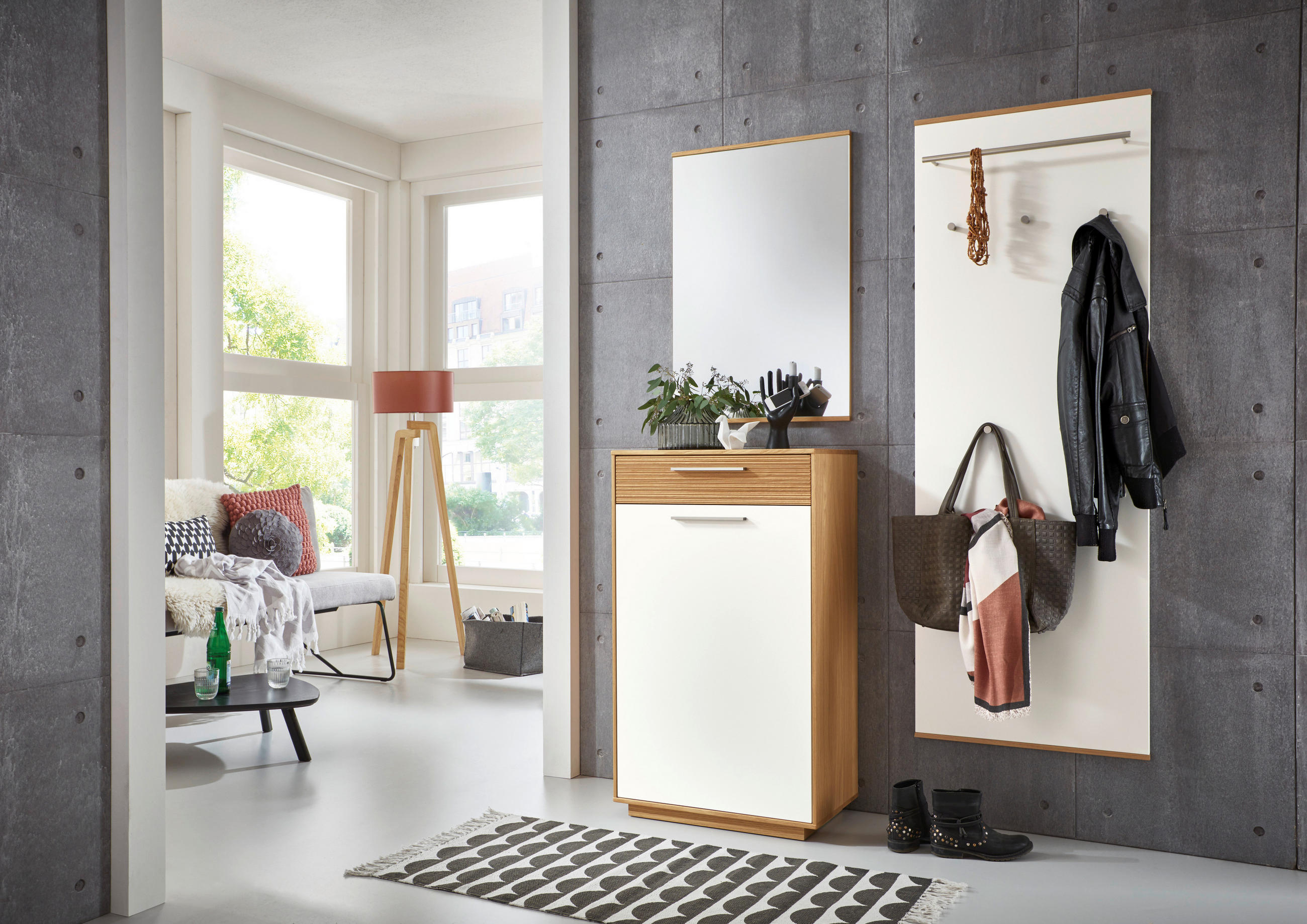 Thumbnail - Garderobe, Weiß, Eiche, Holz, Glas, Holzwerkstoff, 3-teilig, Eiche, furniert, massiv, teilmassiv, 1 Schublade(n) Schubla...