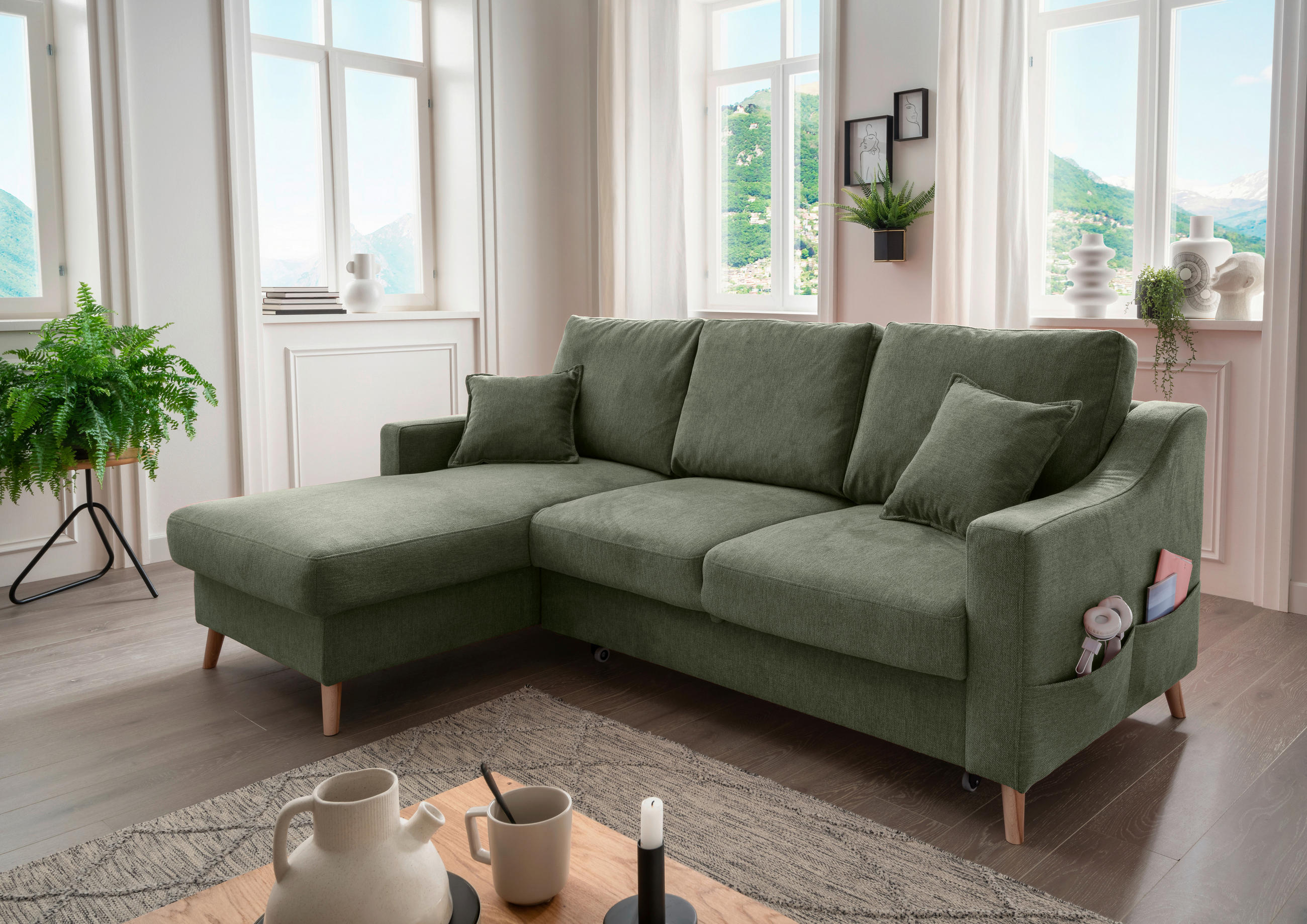 ECKSOFA Valentina Dunkelgrün Chenille  - Dunkelgrün/Naturfarben, MODERN, Holz/Textil (150/228cm) - Livetastic