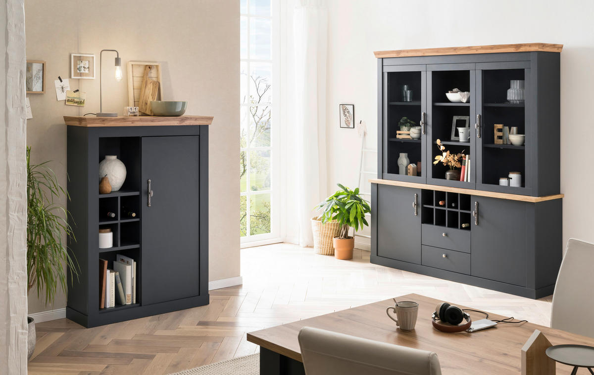 WOHNWAND 2-teilig  in Anthrazit, Eiche Wotan   - Anthrazit/Silberfarben, Design, Holzwerkstoff/Metall - MID.YOU