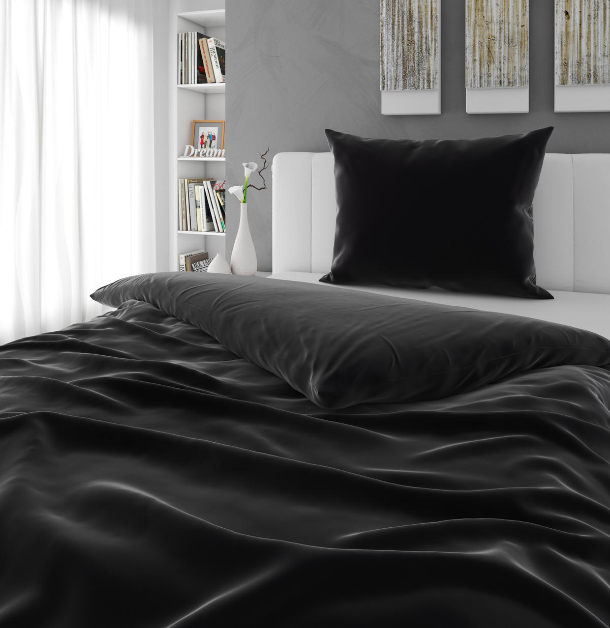 BETTWÄSCHESET TANJA Satin 160/210 cm  65 cm/100 cm  - Schwarz, Basics, Textil (160/210cm) - Novel