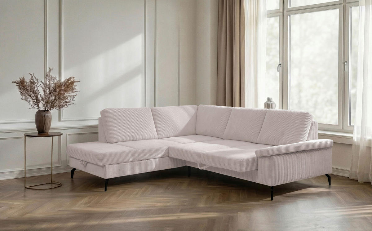 ECKSOFA inkl. Funktionen Creme Velours Bettkasten, Sitzvorzug  - Creme/Schwarz, KONVENTIONELL, Textil/Metall (206/253cm) - Venda