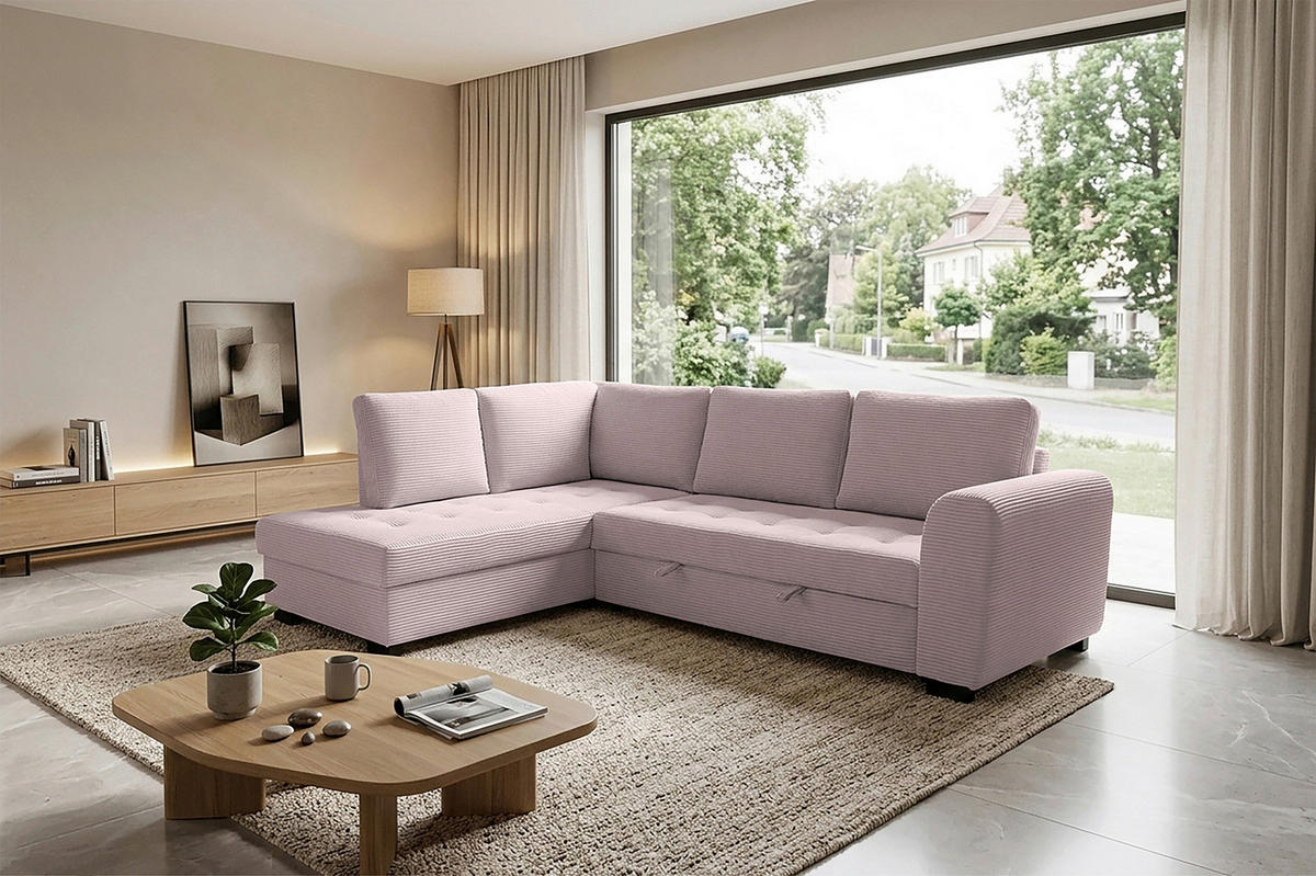 ECKSOFA JOHN Rosa Cord Rückenkissen, Bettkasten, Liegefläche im Originalstoff  - Schwarz/Rosa, Trend, Kunststoff/Textil (178/239cm) - P & B