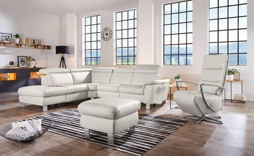 ECKSOFA in Echtleder Weiss  - Weiss/Alufarben, Design, Leder/Metall (239/271cm) - Cantus