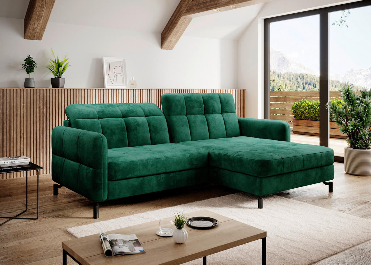 ECKSOFA in Samt Grün  225/160 cm  - Schwarz/Grün, Design, Textil/Metall (225/160cm) - MID.YOU