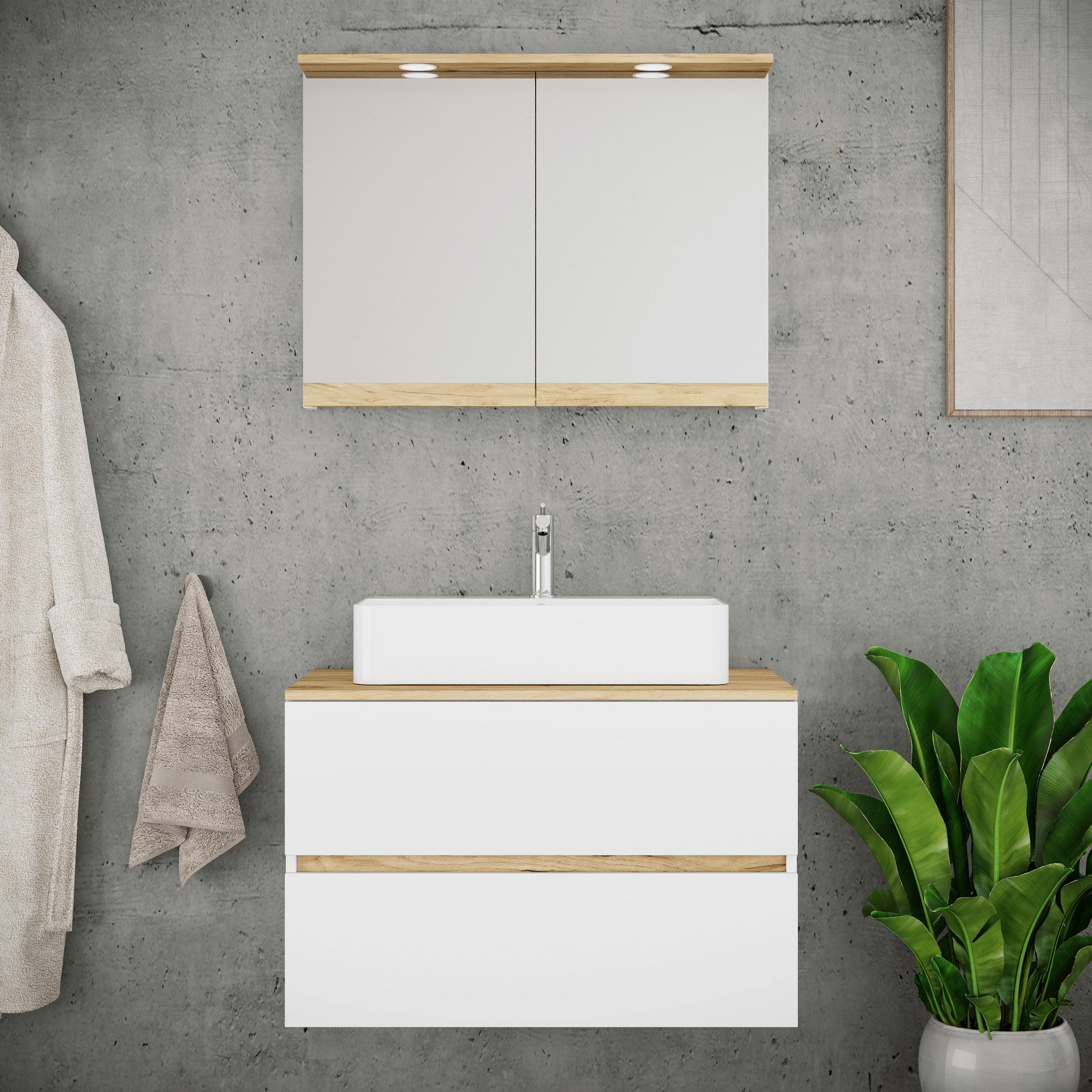 BADEZIMMER 3-teilig 80 cm  - Honigeiche/Weiss, Trend, Keramik/Holzwerkstoff (80cm) - MID.YOU