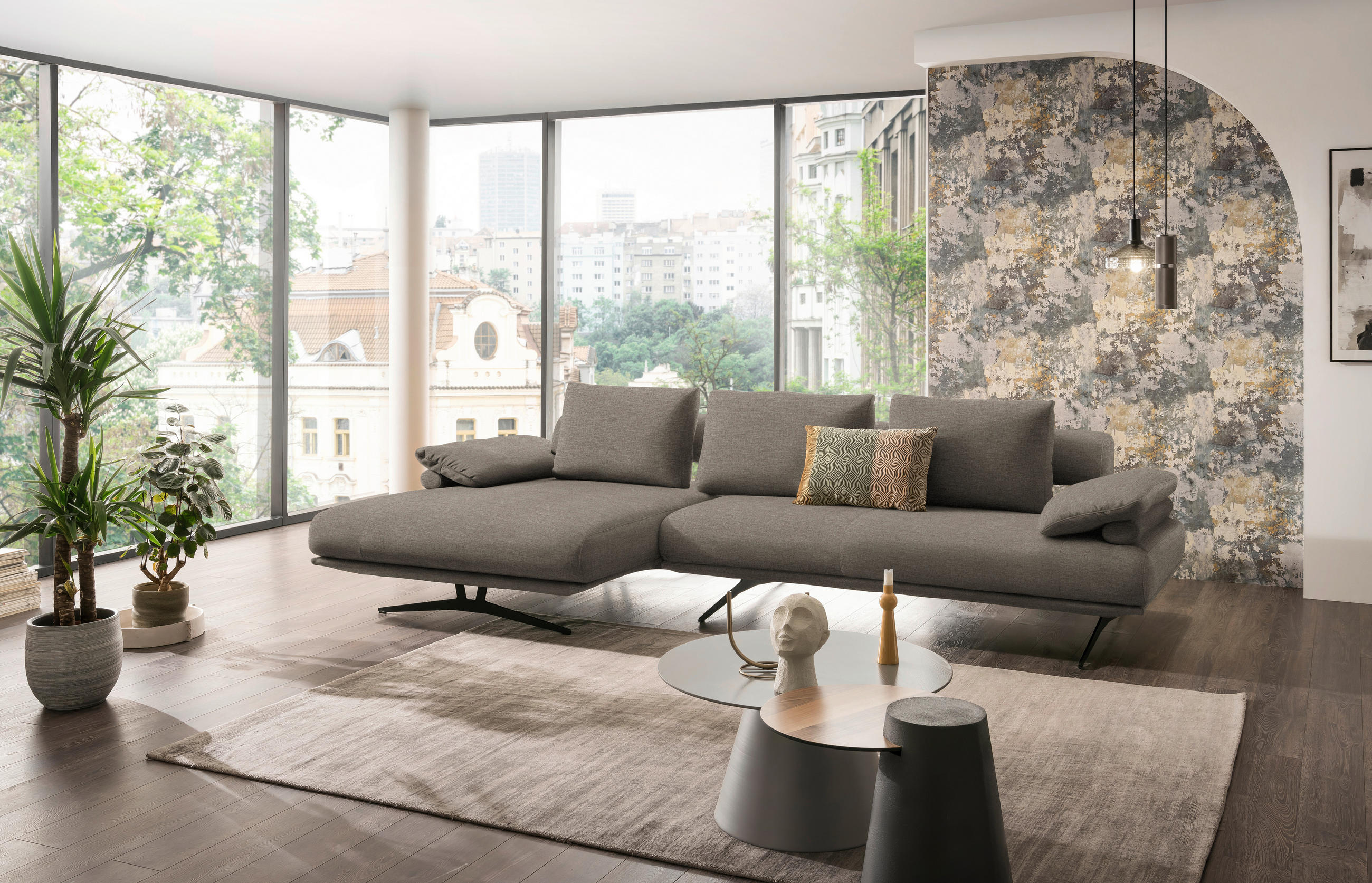 ECKSOFA in Chenille Graubraun  - Graubraun/Schwarz, Design, Textil/Metall (168/334cm) - Dieter Knoll