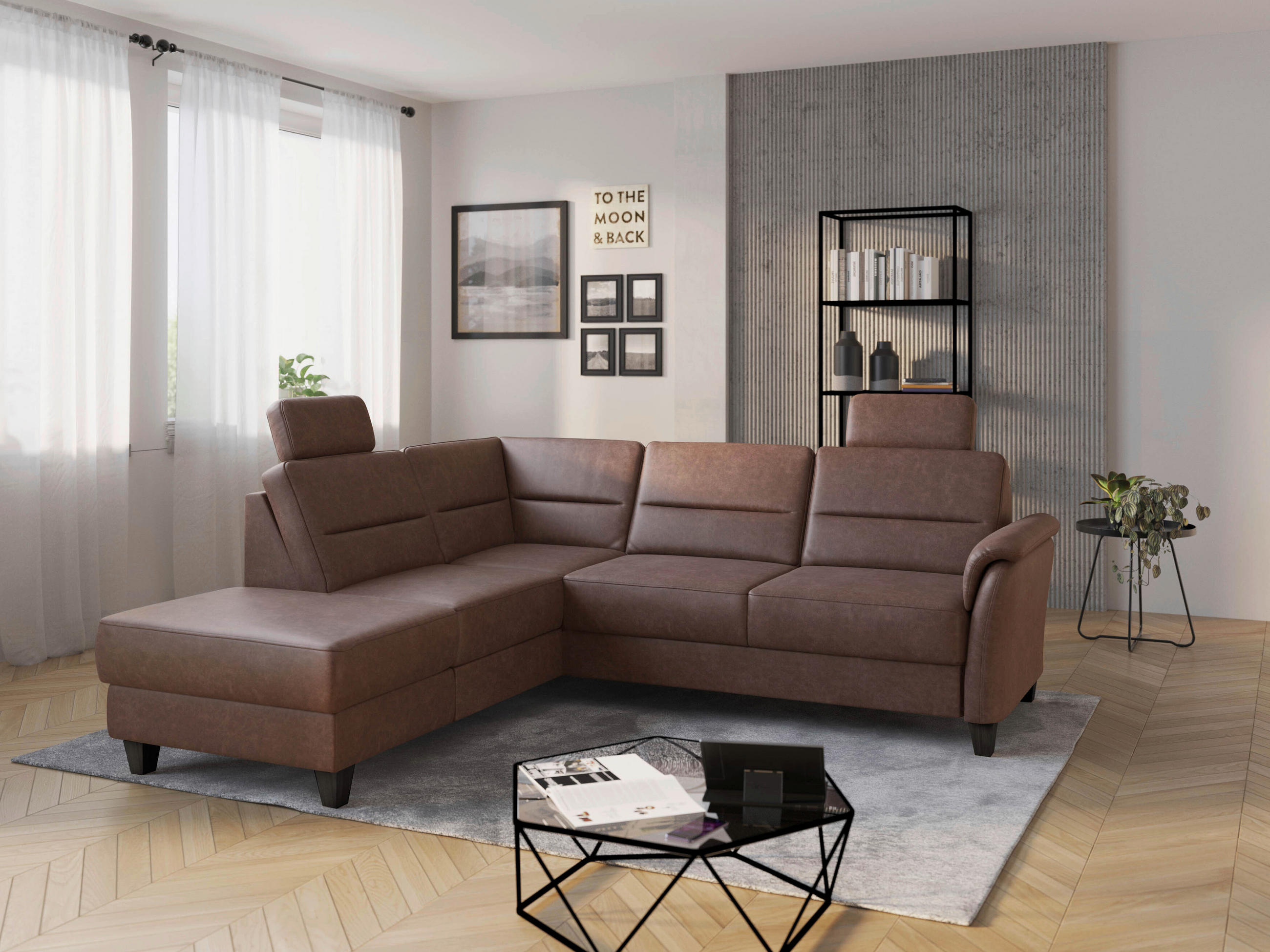 ECKSOFA PALMERA V Haselnussfarben Mikrofaser Kopfstütze, Liegefläche im Originalstoff  - Wengefarben/Haselnussfarben, KONVENTIONELL, Holz/Textil (212/236cm) - Sit & More