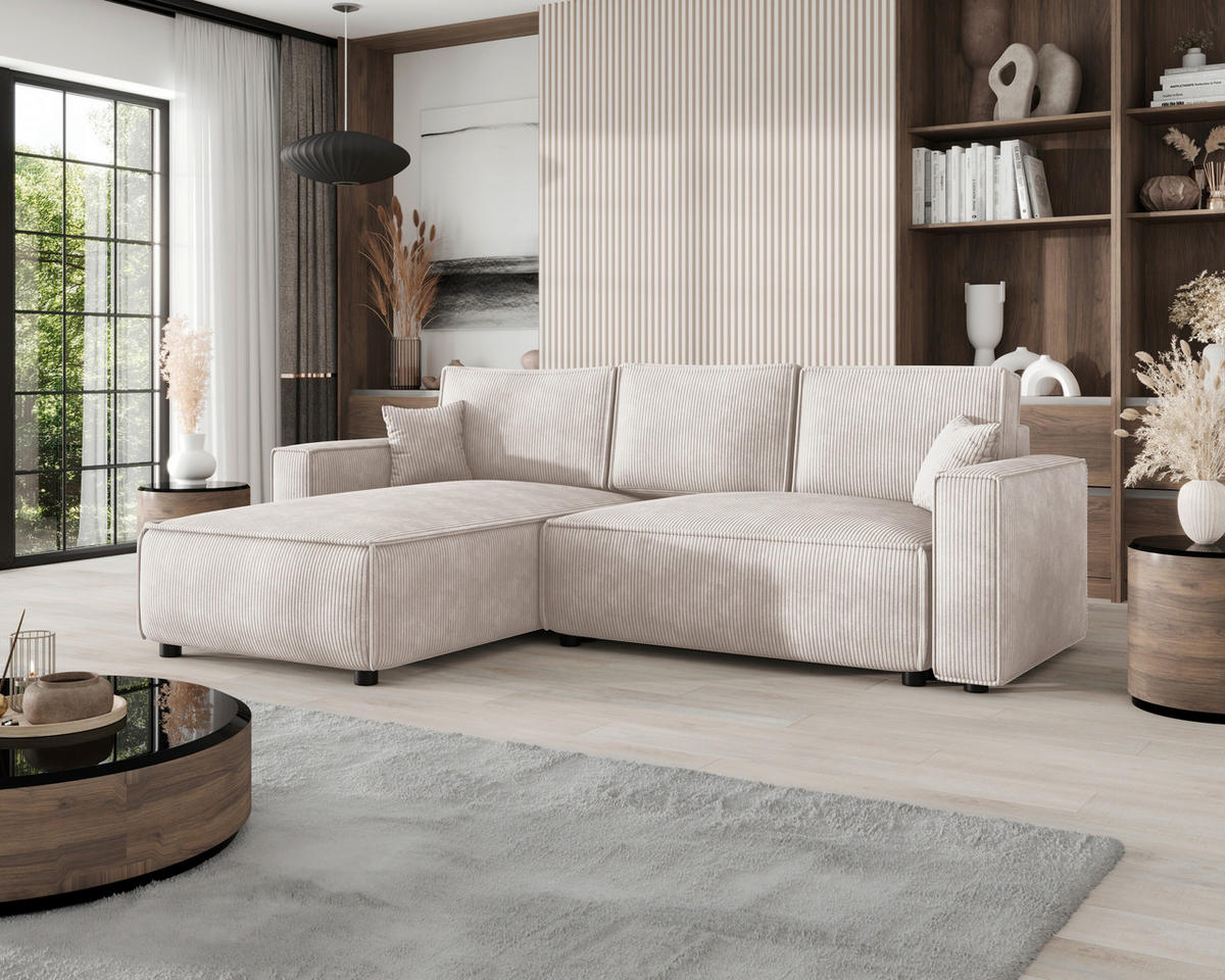 ECKSOFA Naturfarben Cord Zierkissen, Rückenkissen, Bettkasten, Schlaffunktion, Rücken echt, Liegefläche im Originalstoff  - Schwarz/Naturfarben, MODERN, Kunststoff/Textil (190/280cm) - Carryhome