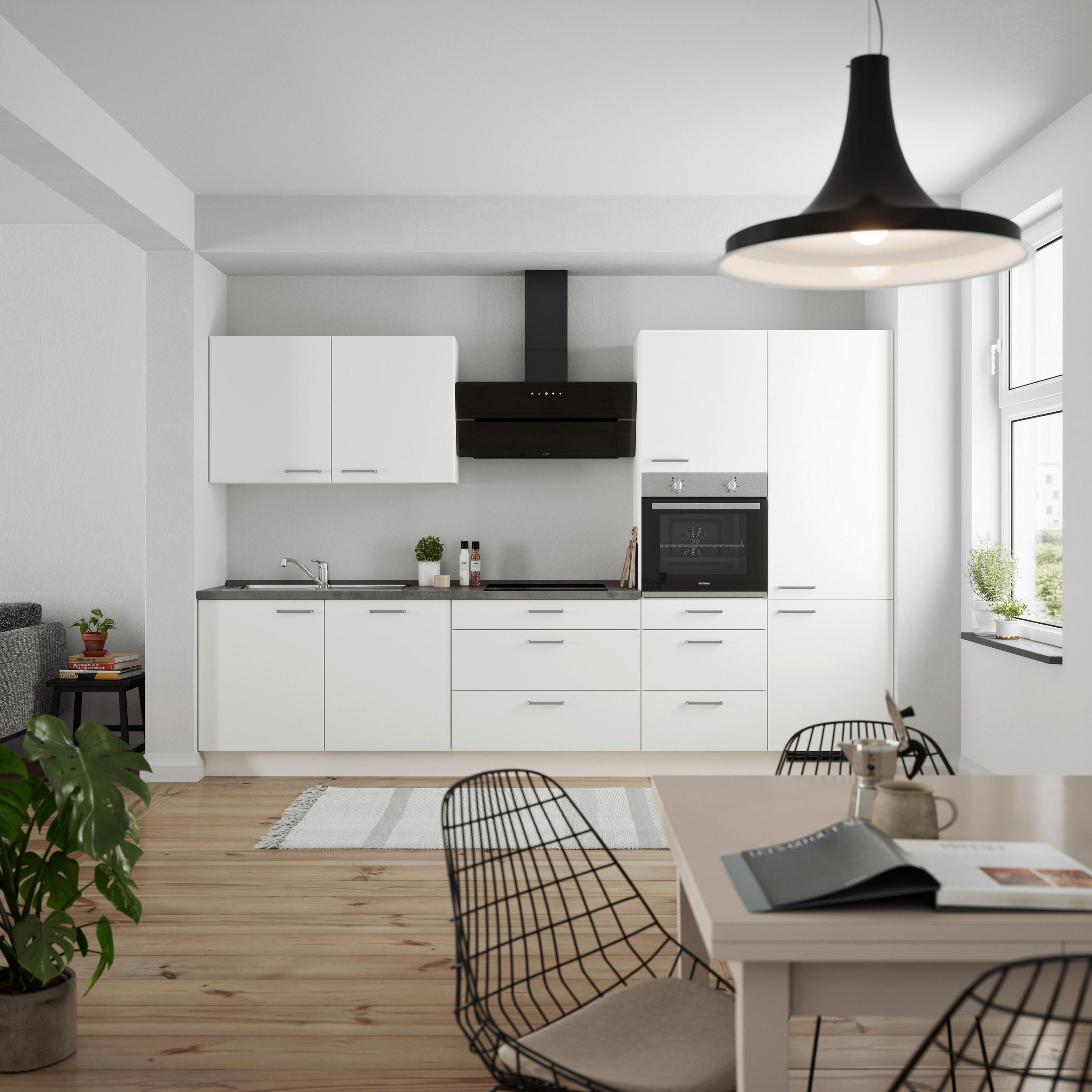 BUCĂTĂRIE FĂRĂ ELECTROCASNICE  - alb/culoare inox, Modern, metal/material pe bază de lemn (330cm) - Nobilia