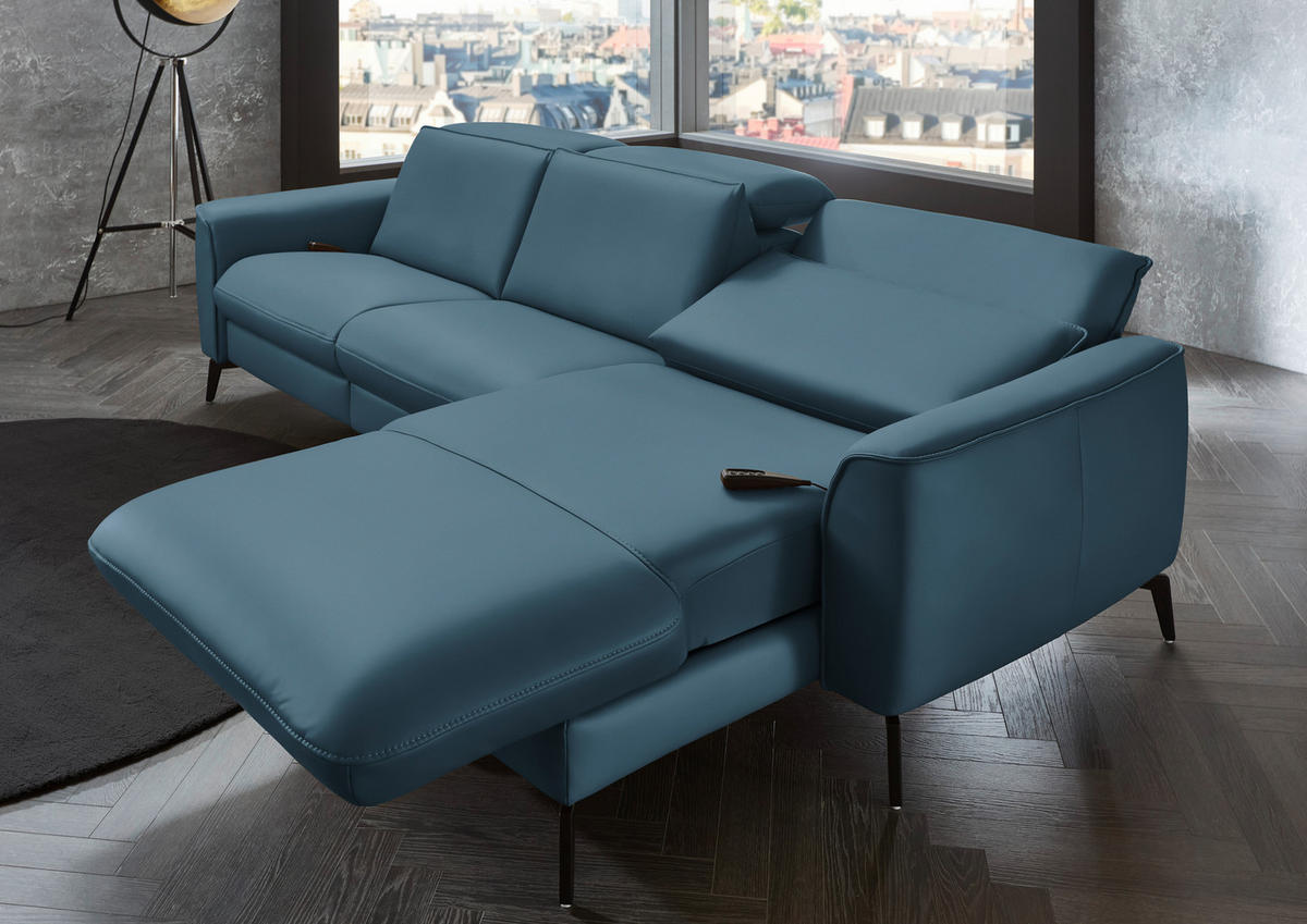 ECKSOFA in Echtleder Blau  - Blau/Schwarz, Natur, Leder/Metall (281/168cm) - Valdera