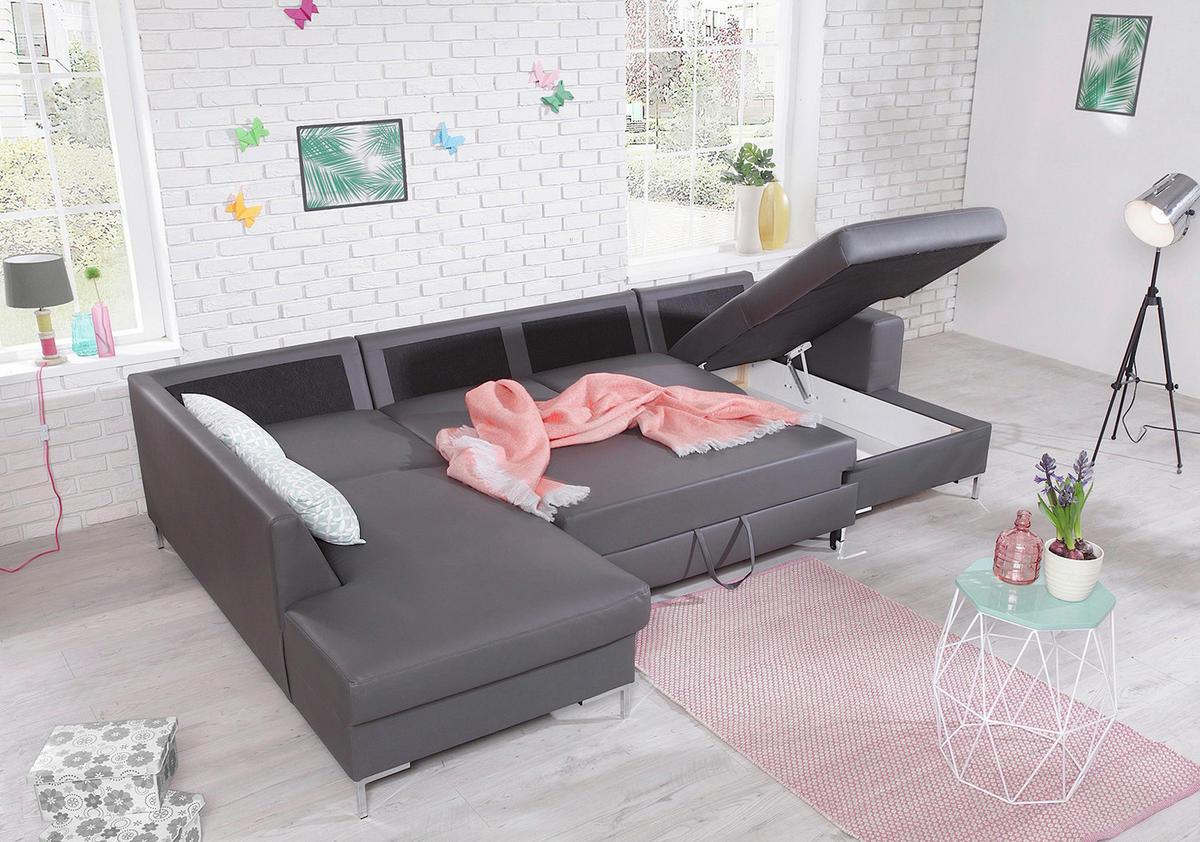 WOHNLANDSCHAFT in Lederlook Grau  - Silberfarben/Schwarz, Design, Leder/Metall (197/303/148cm) - MID.YOU
