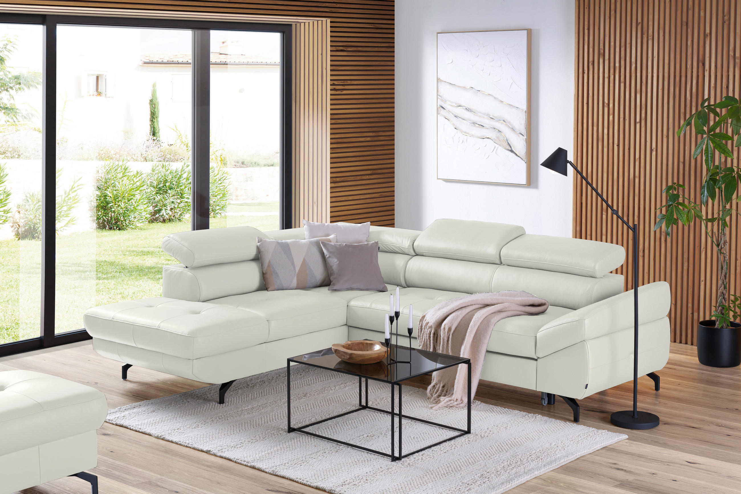 ECKSOFA in Echtleder Weiss  - Weiss/Schwarz, Design, Leder/Metall (220/270cm) - Novel