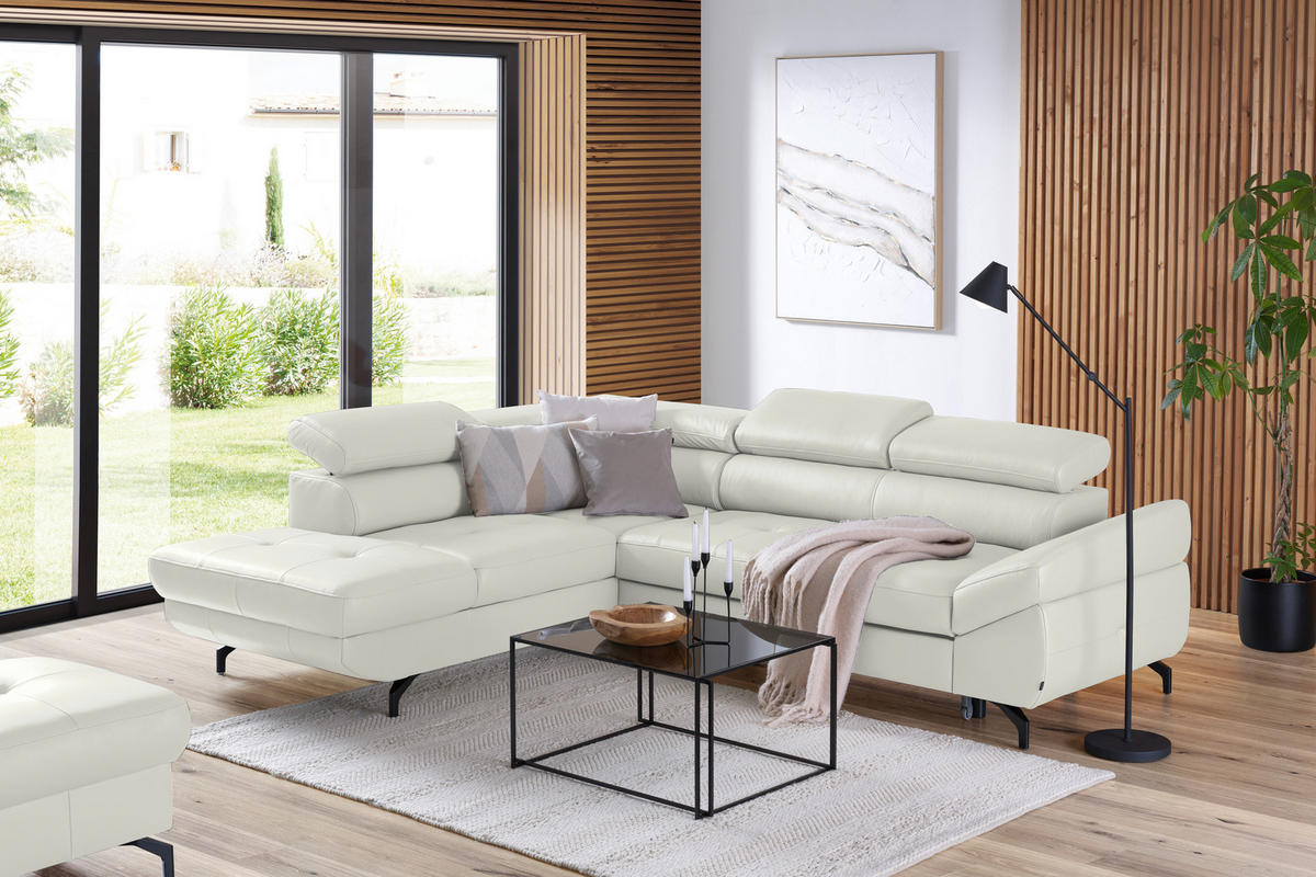 ECKSOFA in Echtleder Weiss  - Weiss/Schwarz, Design, Leder/Metall (220/270cm) - Novel