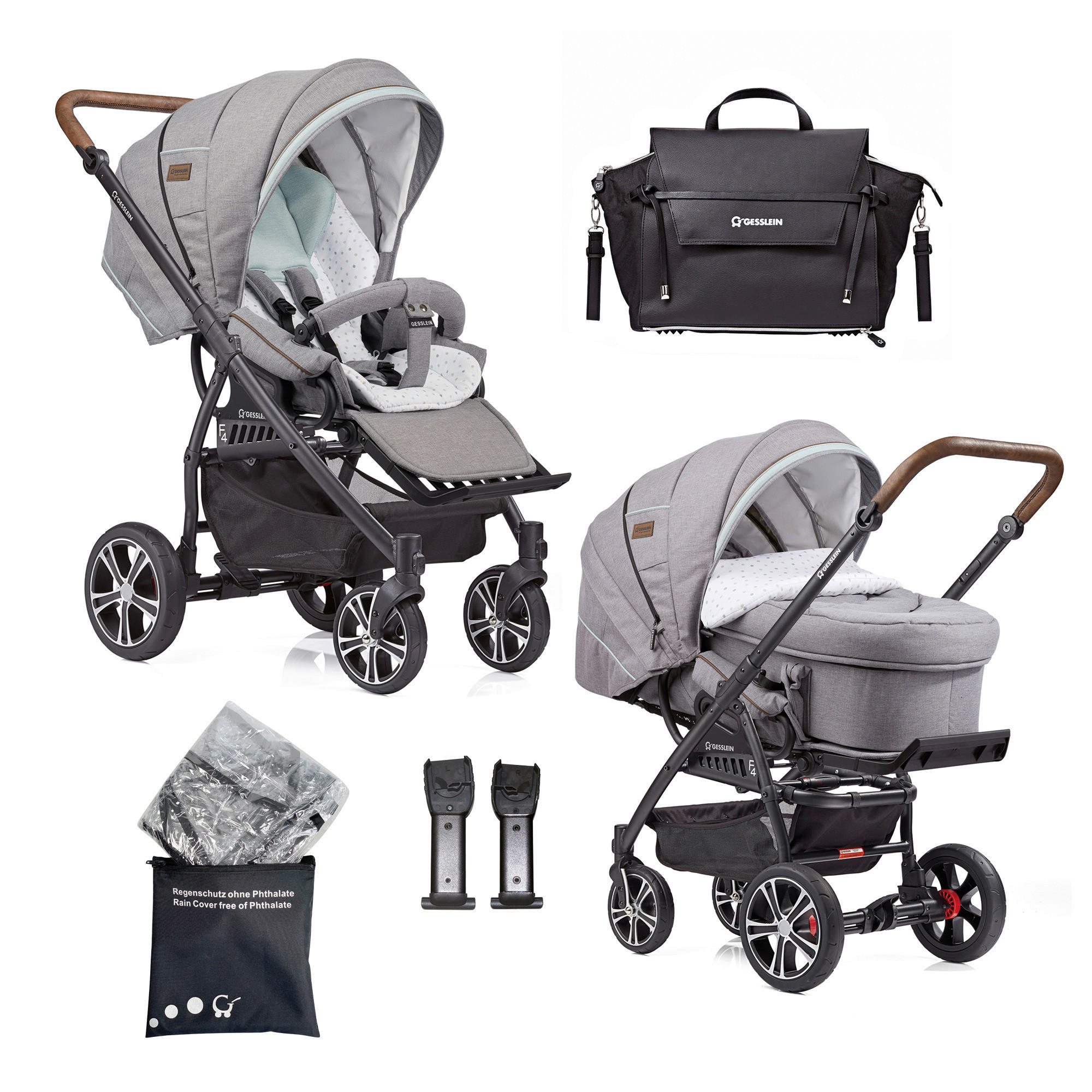 Gesslein Kinderwagenset F4 Air+ Braun, Weiß, Hellgrau, Mintgrün 57x129x100 cm