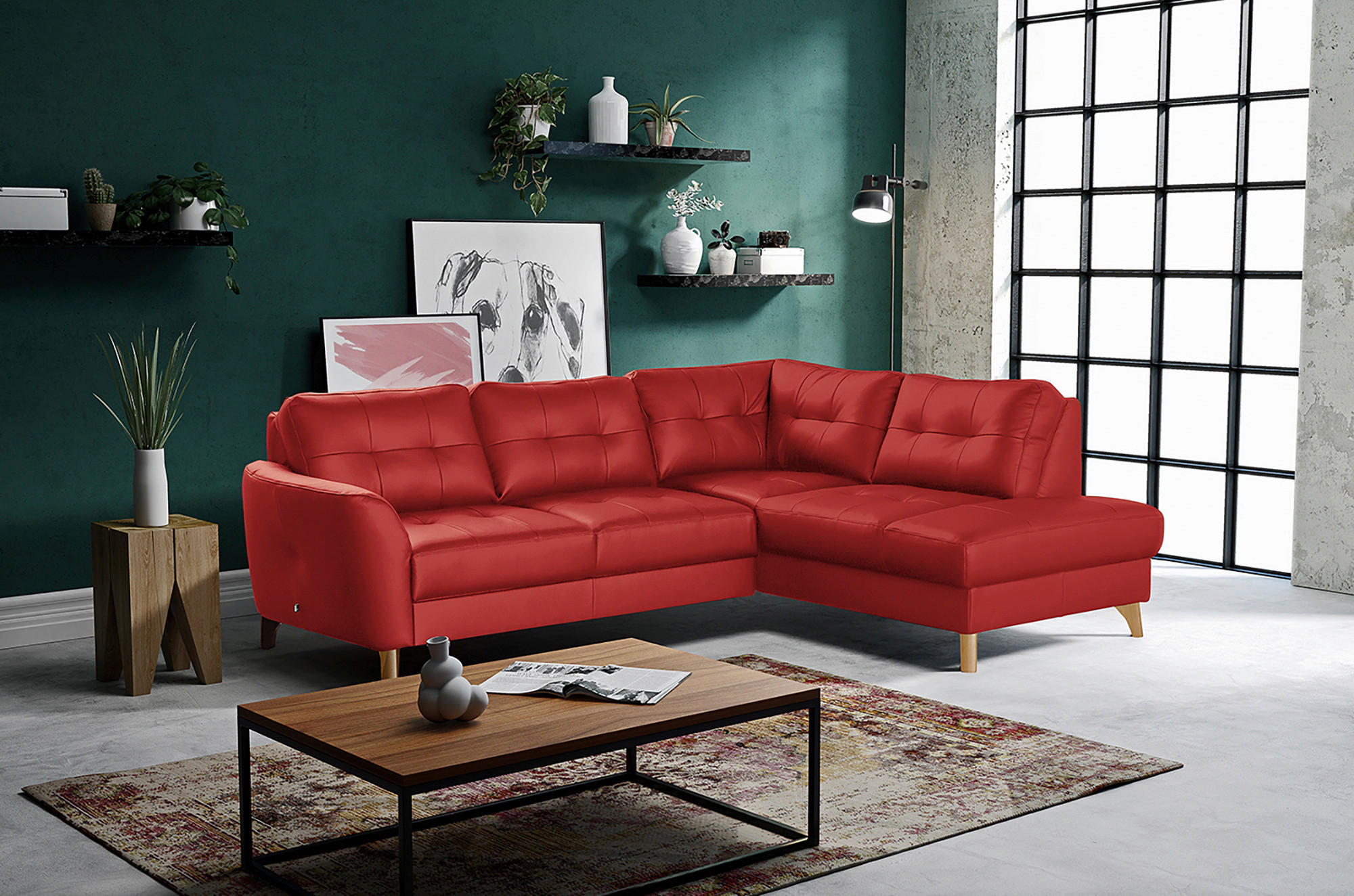 ECKSOFA in Lederlook Echtleder Rot  - Buchefarben/Rot, Design, Leder/Holz (236/190cm) - Livetastic