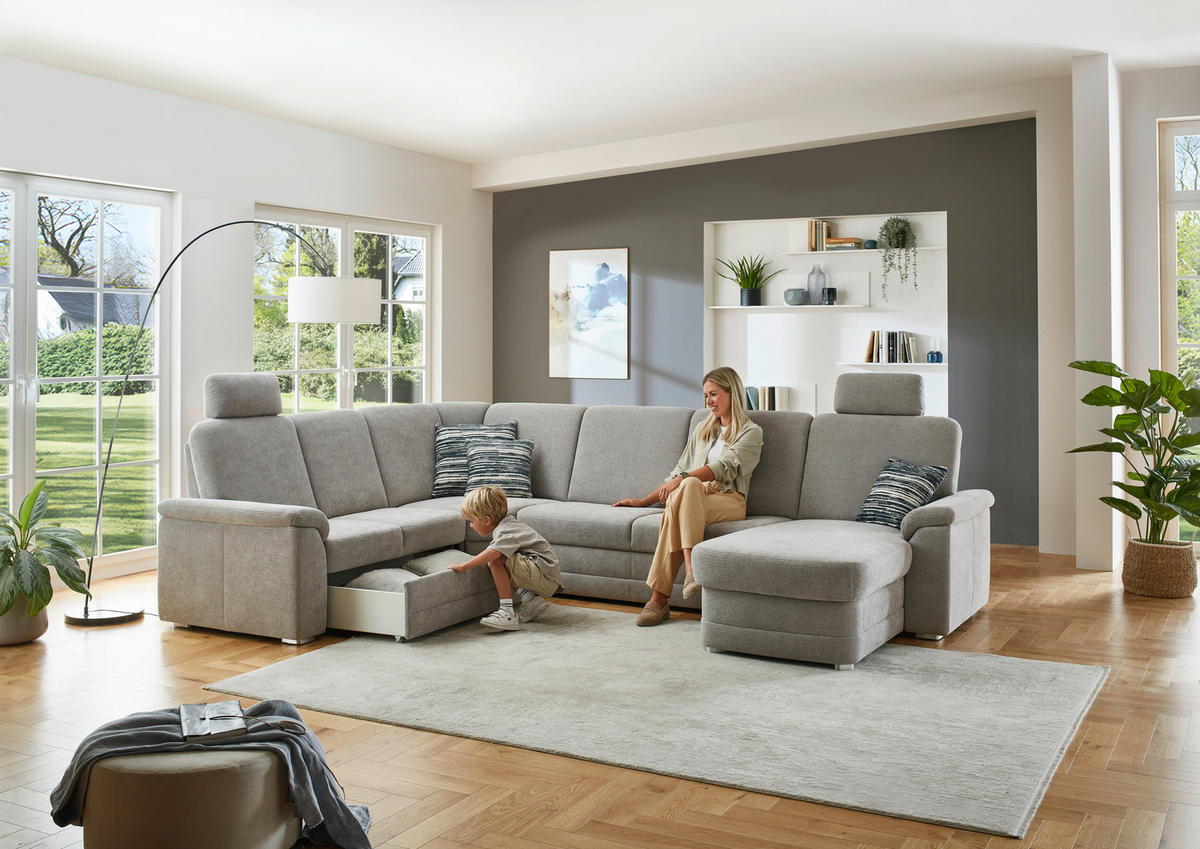 WOHNLANDSCHAFT Chenille Hellgrau  - Hellgrau/Alufarben, Konventionell, Holz/Textil (235/329/160cm) - Beldomo Comfort