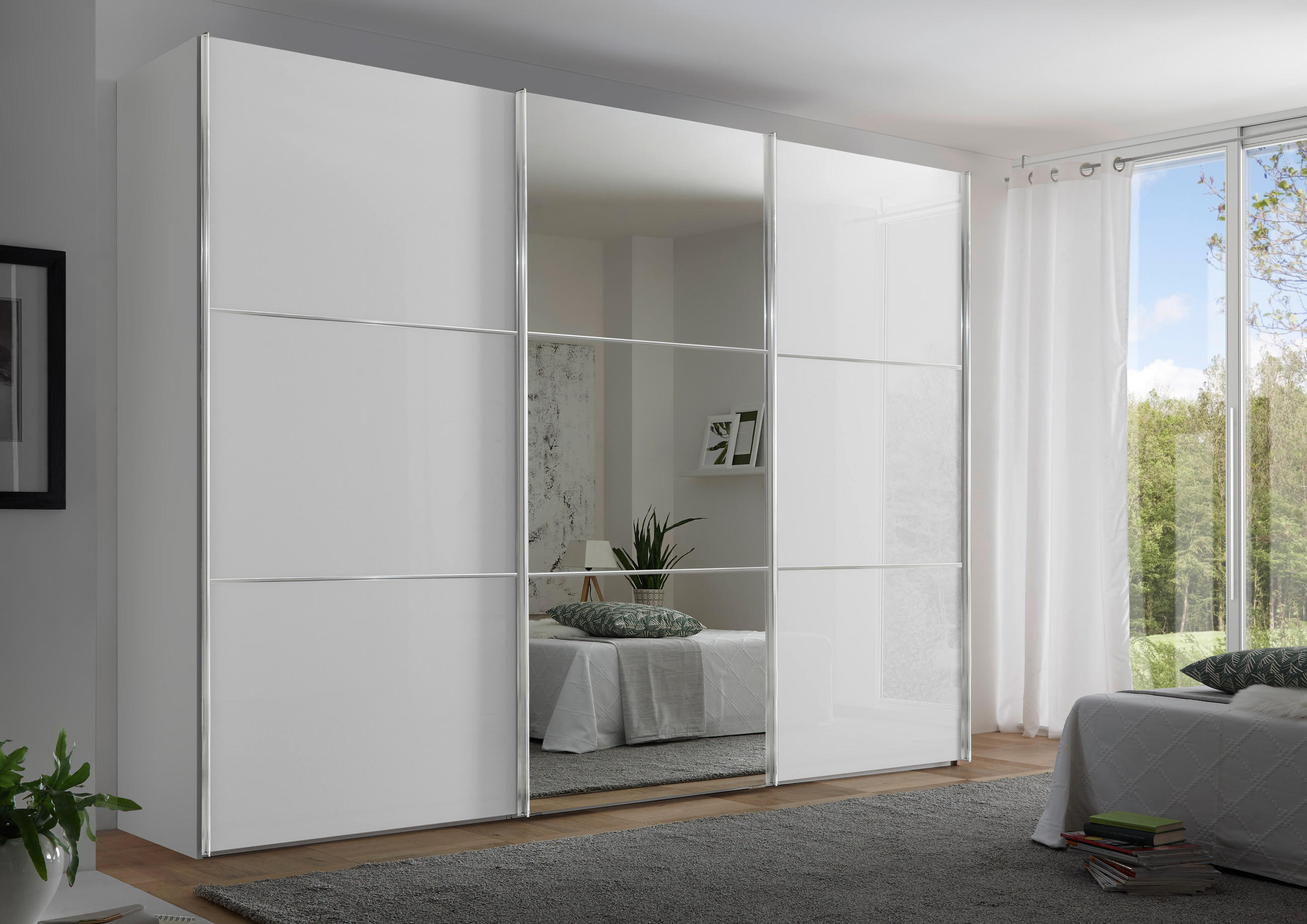 SCHWEBETÜRENSCHRANK 280/222/68 cm 3-türig Weiß  - Chromfarben/Weiß, KONVENTIONELL, Glas/Holzwerkstoff (280/222/68cm) - Moderano