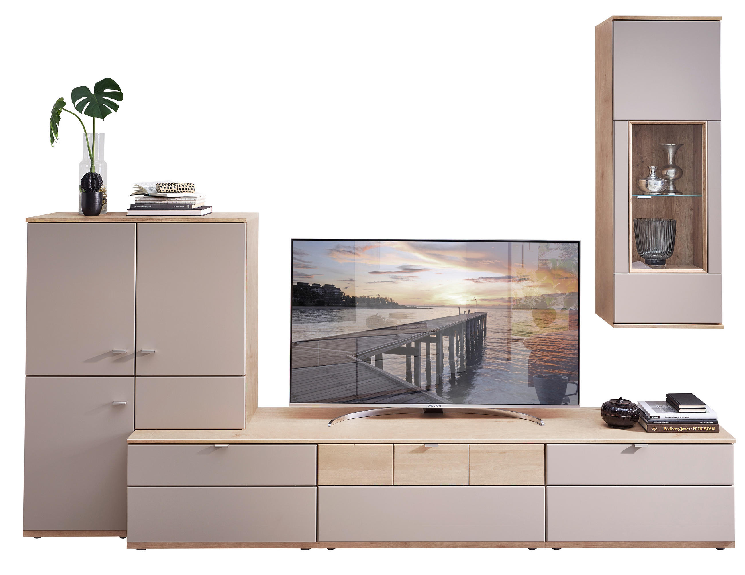 WOHNWAND  in Grau, Buchefarben  285/215/53 cm  - Silberfarben/Buchefarben, KONVENTIONELL, Glas/Holzwerkstoff (285/215/53cm) - Venda