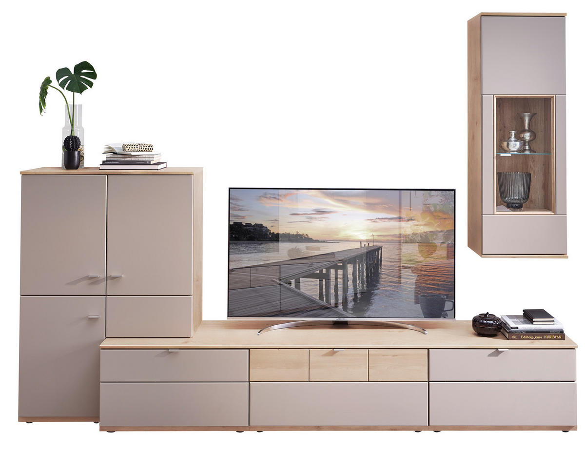 WOHNWAND  in Grau, Buchefarben  285/215/53 cm  - Silberfarben/Buchefarben, KONVENTIONELL, Glas/Holzwerkstoff (285/215/53cm) - Venda