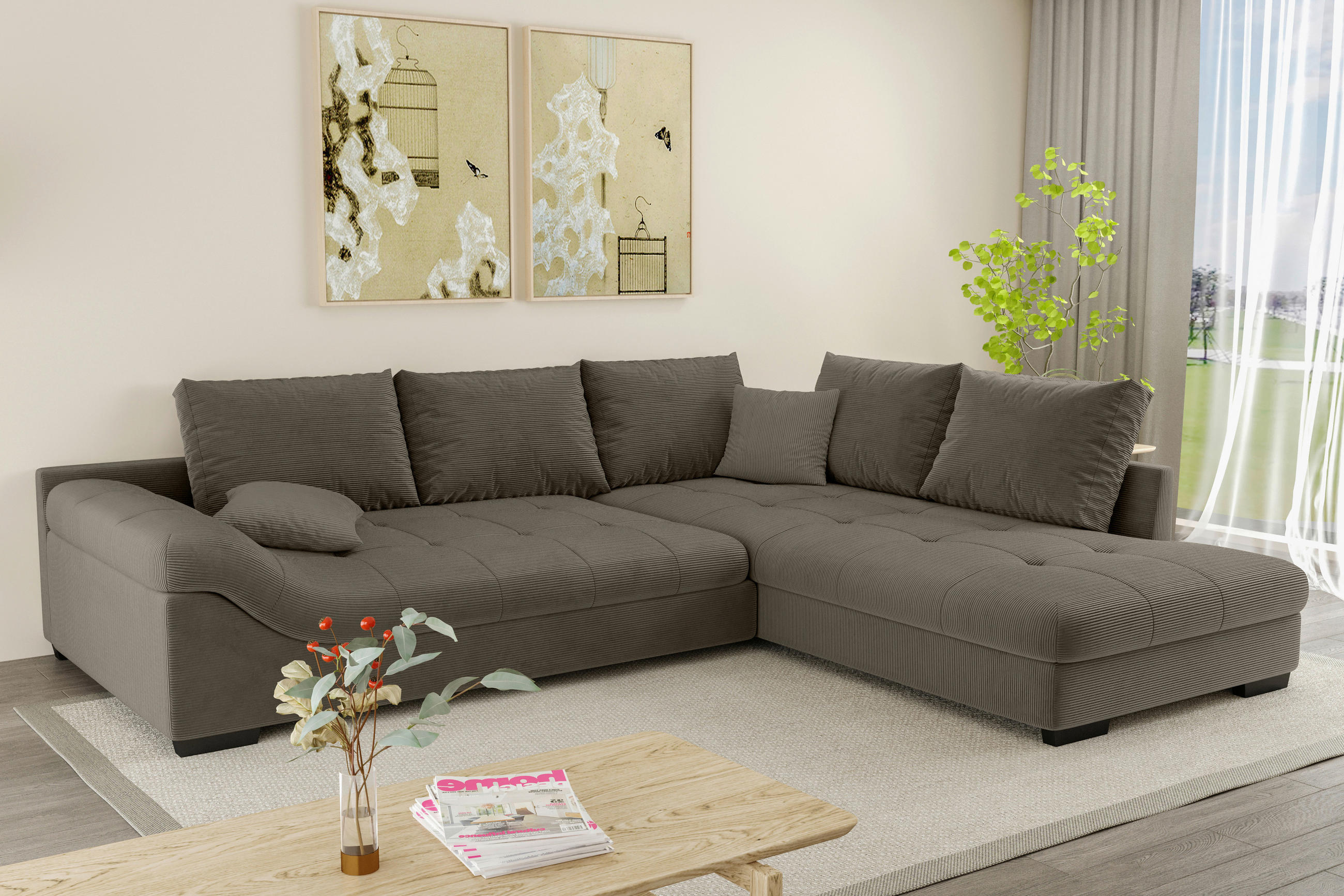 ECKSOFA Taupe Cord  - Taupe/Schwarz, KONVENTIONELL, Holz/Textil (298/202cm) - Carryhome