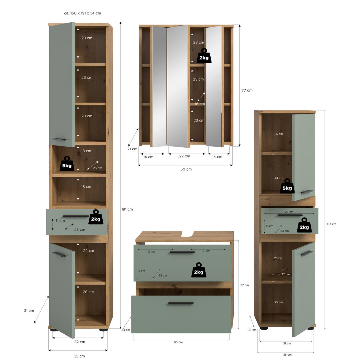 BADEZIMMER 4-teilig  in 160 cm  - Salbeigrün/Schwarz, Trend, Glas/Holzwerkstoff (160cm) - MID.YOU