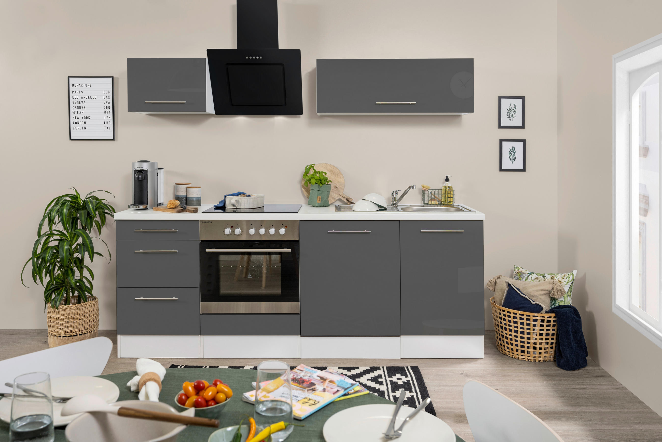 KÜCHENBLOCK 220 cm Grau, Weiß E-Geräte, Spüle, Soft-Close-System, Geschirrspülerblende, Ab- und Überlaufgarnitur - Alufarben/Weiß, KONVENTIONELL (220cm) - Respekta