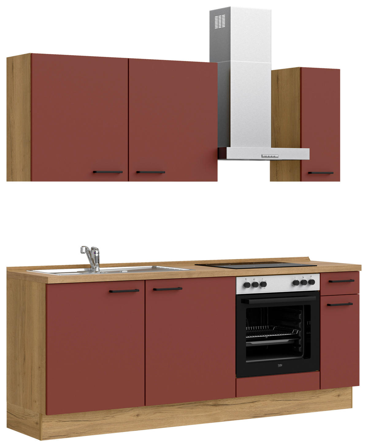 KÜCHENBLOCK 210 cm   in Eichefarben, Dunkelrot  - Eichefarben/Schwarz, MODERN, Holzwerkstoff/Metall (210cm) - Nobilia