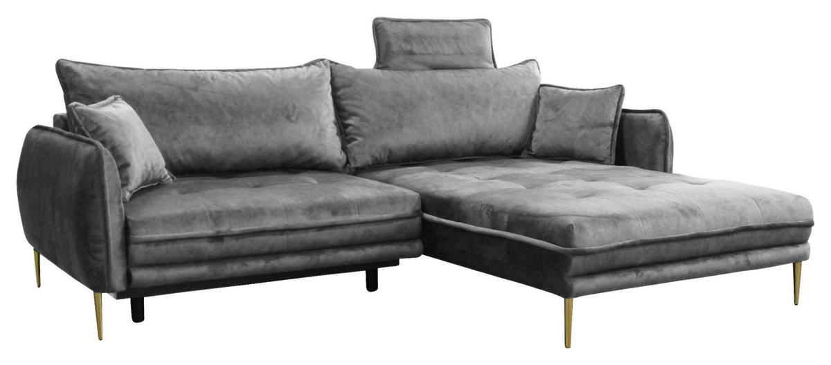 ECKSOFA in Velours Grau  264/196 cm  - Goldfarben/Grau, Design, Textil/Metall (264/196cm) - MID.YOU