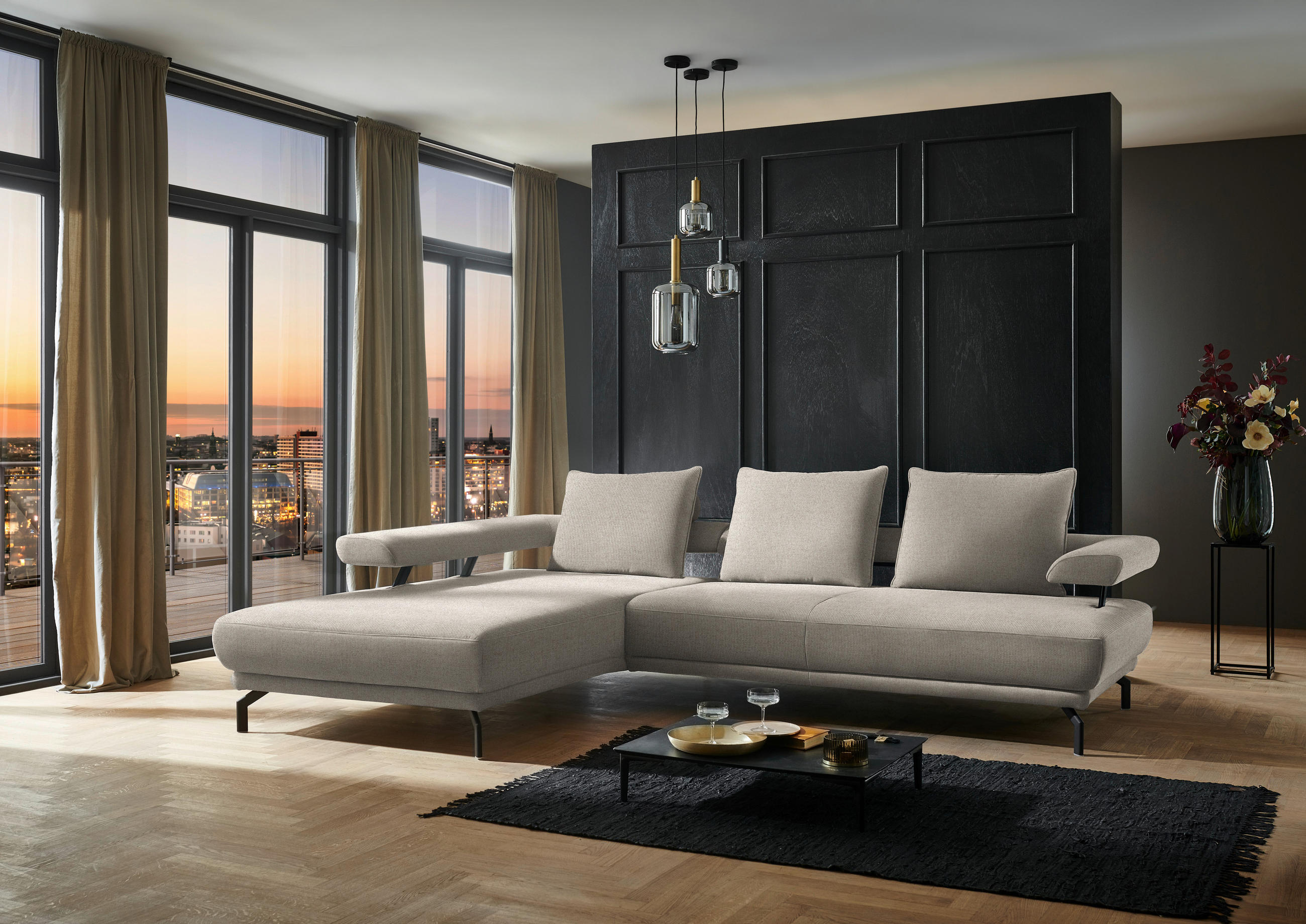 ECKSOFA in Chenille Greige  - Greige/Schwarz, Design, Textil/Metall (224/305cm) - Dieter Knoll