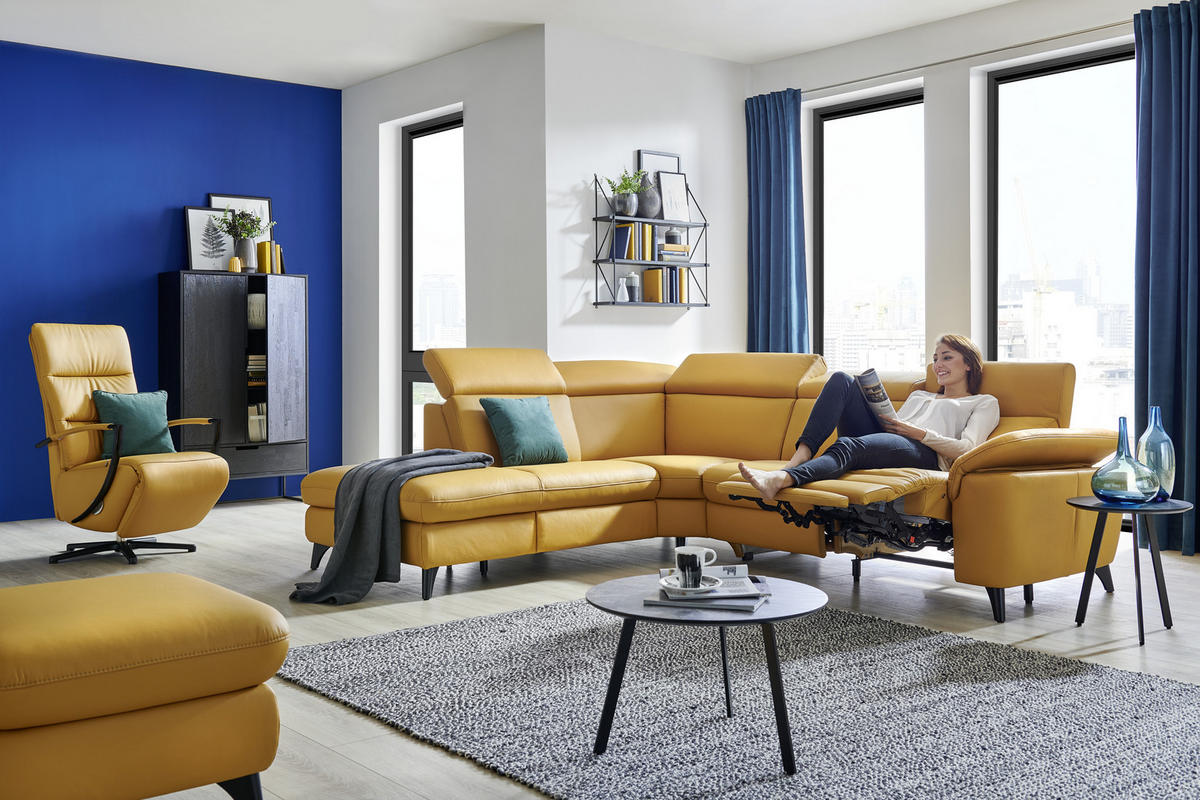 ECKSOFA in Echtleder Gelb  - Gelb/Schwarz, Design, Leder/Metall (285/239cm) - Cantus