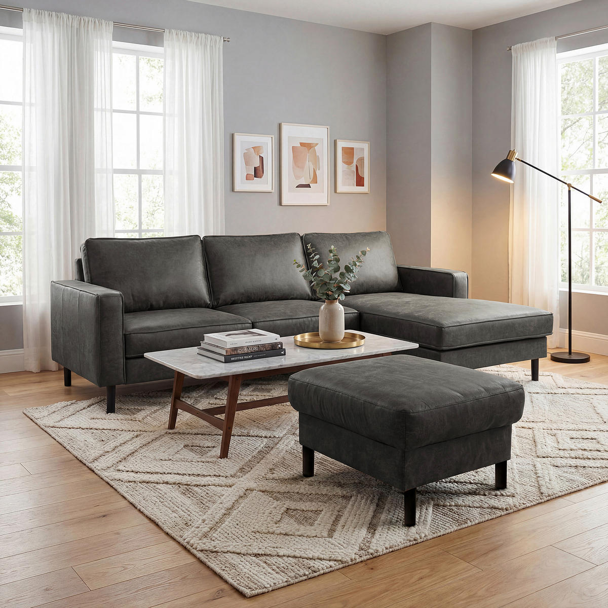 HOCKER Textil, Leder Dunkelgrau  - Dunkelgrau, Design, Leder/Textil (70/48/60cm) - Livetastic