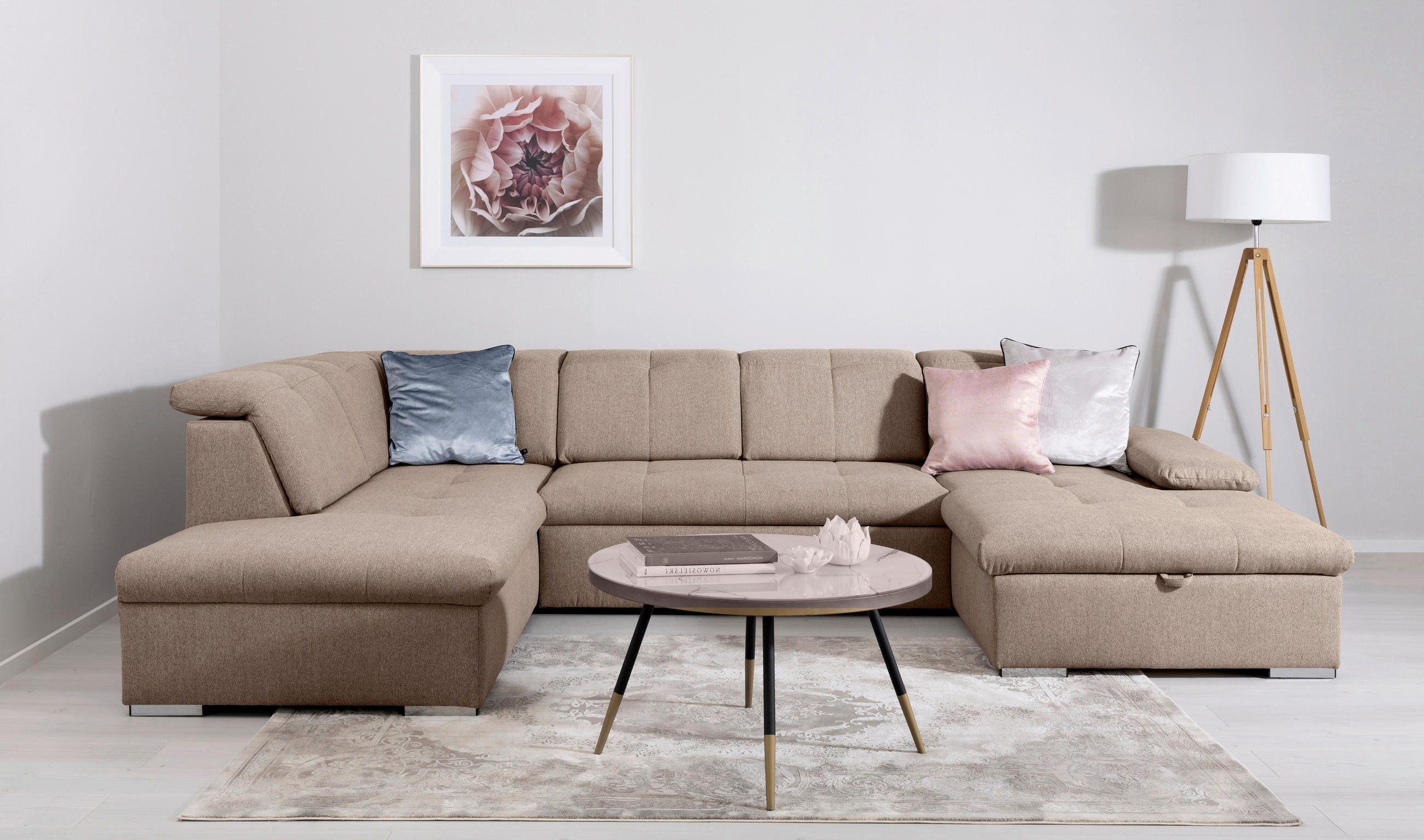 WOHNLANDSCHAFT in Hellbraun  - Hellbraun/Grau, Design, Textil/Metall (215/328/173cm) - MID.YOU