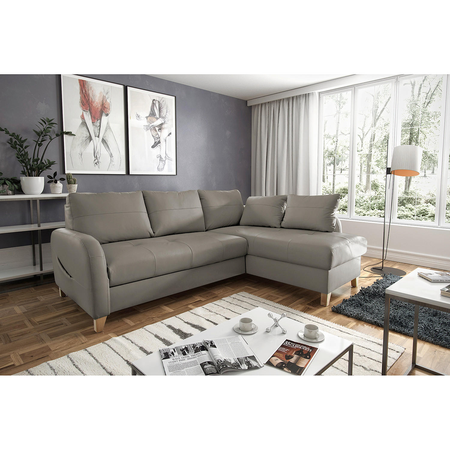 ECKSOFA Schlammfarben Echtleder Lederlook Bettkasten, Schlaffunktion, Rücken echt  - Schlammfarben/Buchefarben, Design, Leder/Holz (227/168cm) - Livetastic