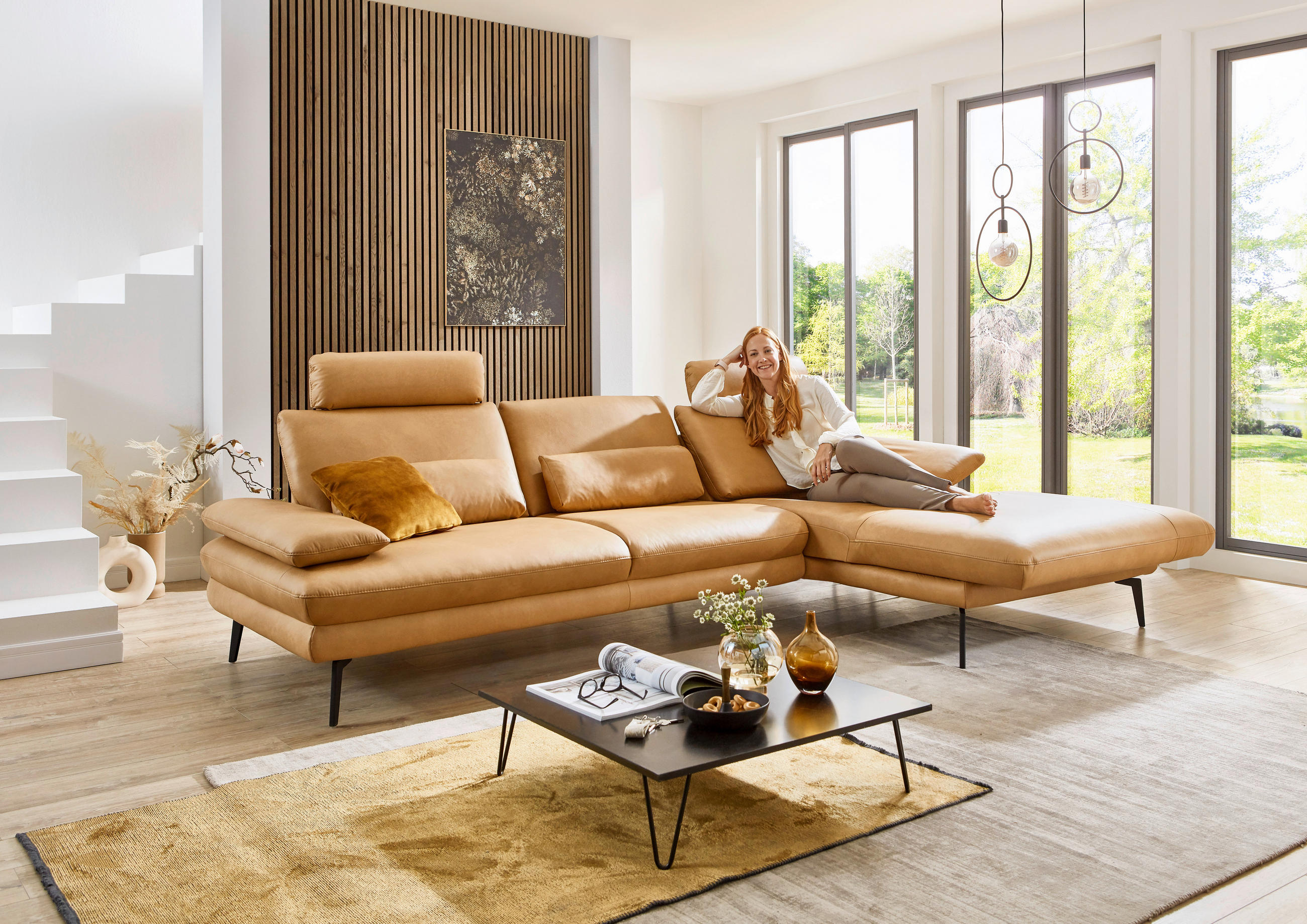 ECKSOFA Honig Echtleder - Schwarz/Honig, Design, Leder/Metall (310/180cm) - Dieter Knoll
