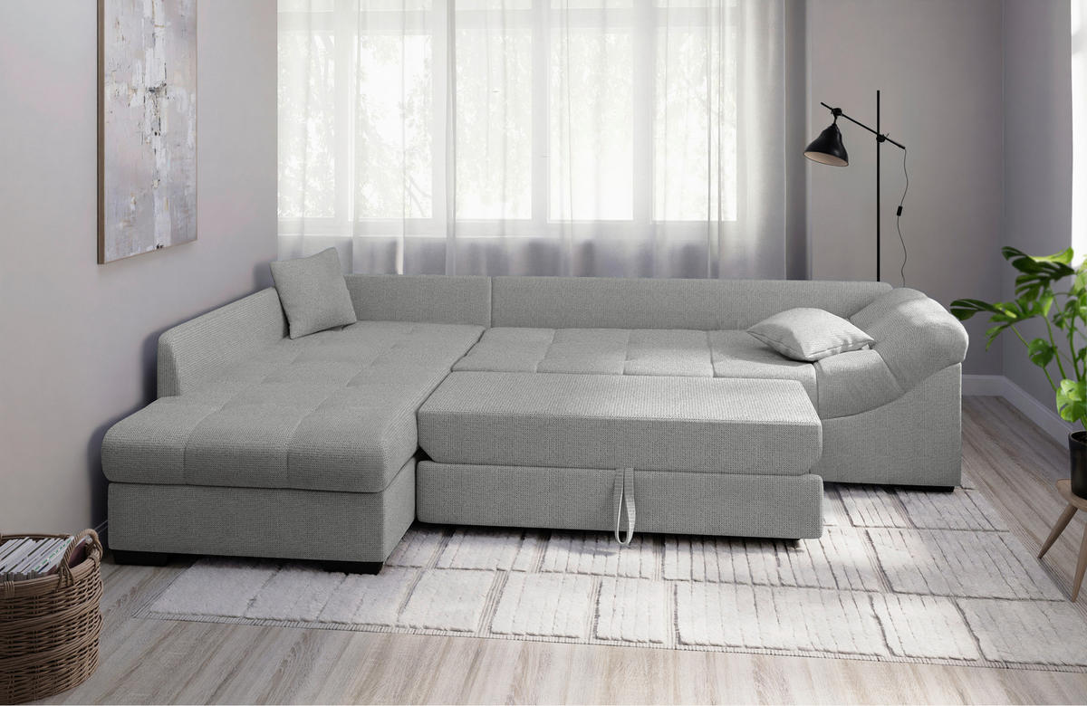 ECKSCHLAFSOFA in Chenille Silberfarben  - Silberfarben/Schwarz, MODERN, Holz/Textil (202/298cm) - MID.YOU