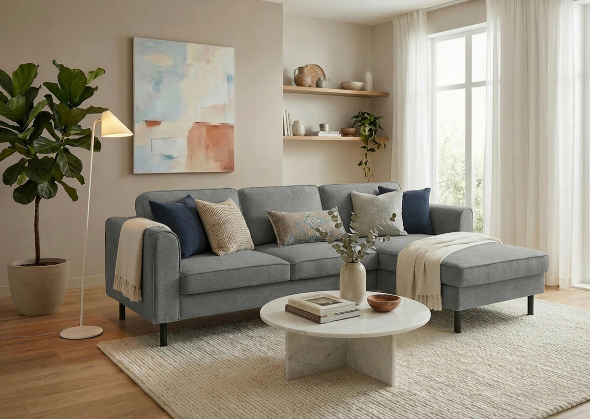 ECKSCHLAFSOFA Struktur Schlammfarben  - Schlammfarben/Schwarz, Modern, Textil/Metall (232/161cm) - Trendmanufaktur