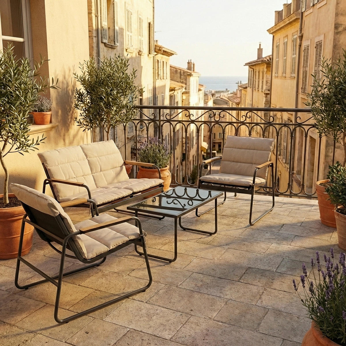 LOUNGEGARNITUR 4-teilig    - Creme/Schwarz, Modern, Glas/Kunststoff - Gardenson