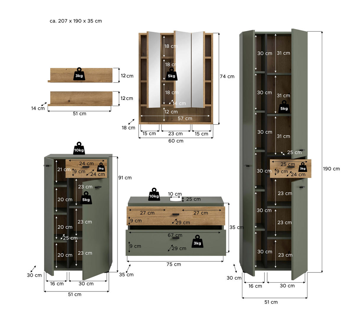 BADEZIMMER 5-teilig  in 177 cm  - Eichefarben/Schwarz, Trend, Glas/Holzwerkstoff (177cm) - MID.YOU