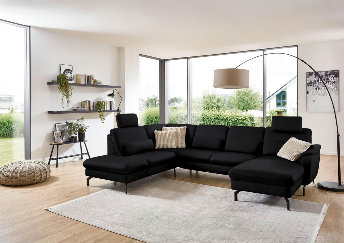 WOHNLANDSCHAFT Echtleder Schwarz  - Schwarz, Konventionell, Leder/Metall (224/306/168cm) - Beldomo Premium
